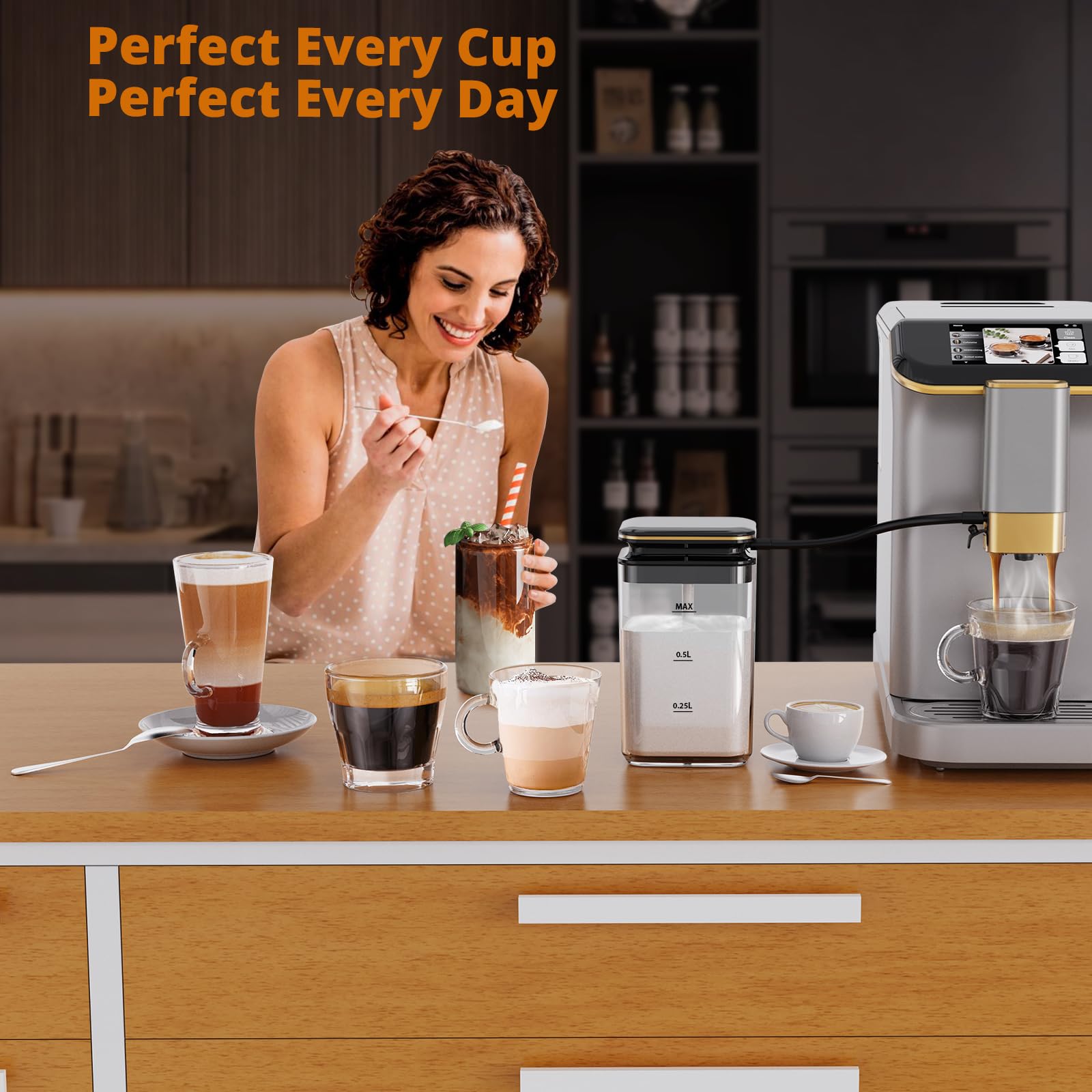 Automatic Espresso Coffee Machine with Built-in Grinder & Milk Frother - 20 Bar Pressure, TFT Touch Screen for Latte, Cappuccino & Americano (Silver/Gold) - Perfect for Home Baristas & Coffee Shops