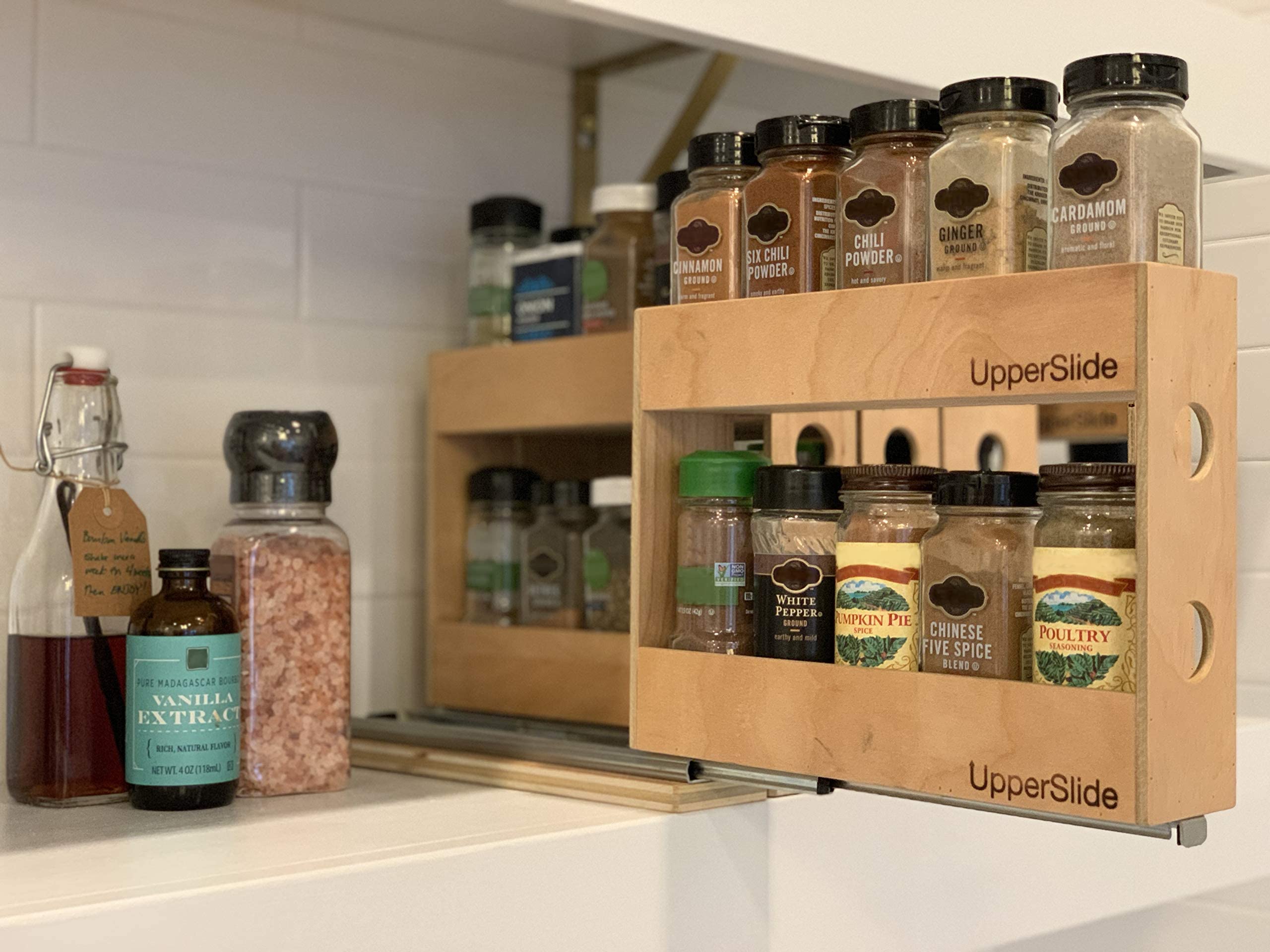 Pull Out Sliding Spice Rack for Kitchen Cabinets - Double Tier Small Spice Organizer (Model US 303DS) - Perfect for Upper Cabinet Storage & Spice Organization