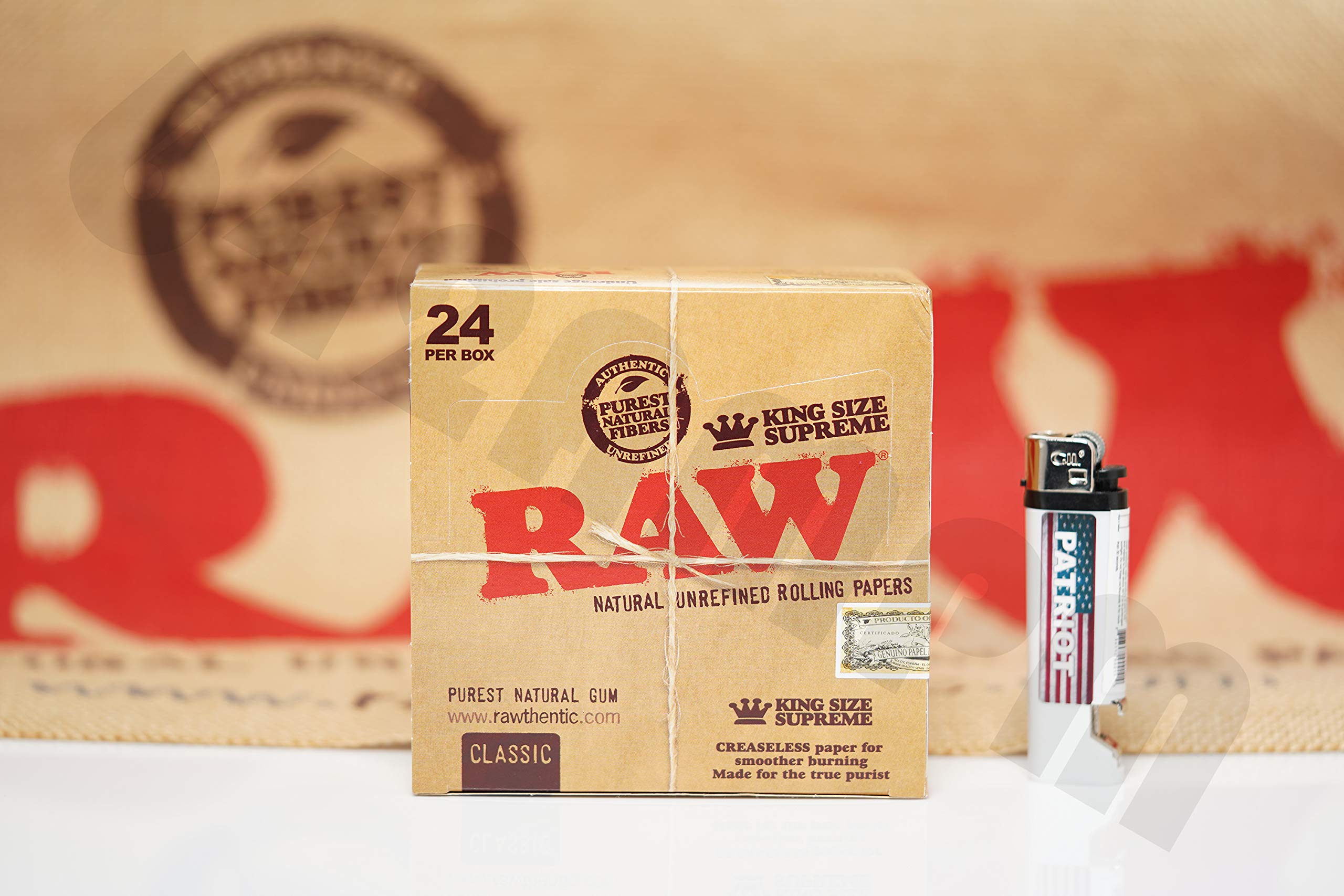 **Authentic Raw Rolling Paper King Size Supreme - 24 Packs (40 Leaves Each) + Patriot Lighter Bundle - Perfect for Rolling Smooth, Slow-Burning Cones & Joints**