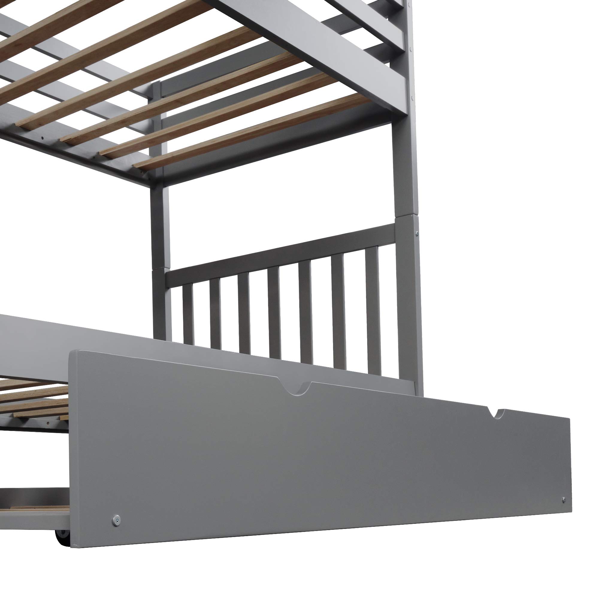 SOFTSEA Twin Over Twin Bunk Beds with Trundle - Wooden Kids Bunk Bed with Stairs, Convertible Bottom Bed, No Box Spring Needed - Space-Saving Solution for Kids' Bedrooms, Guest Rooms & Small Spaces (Gray)
