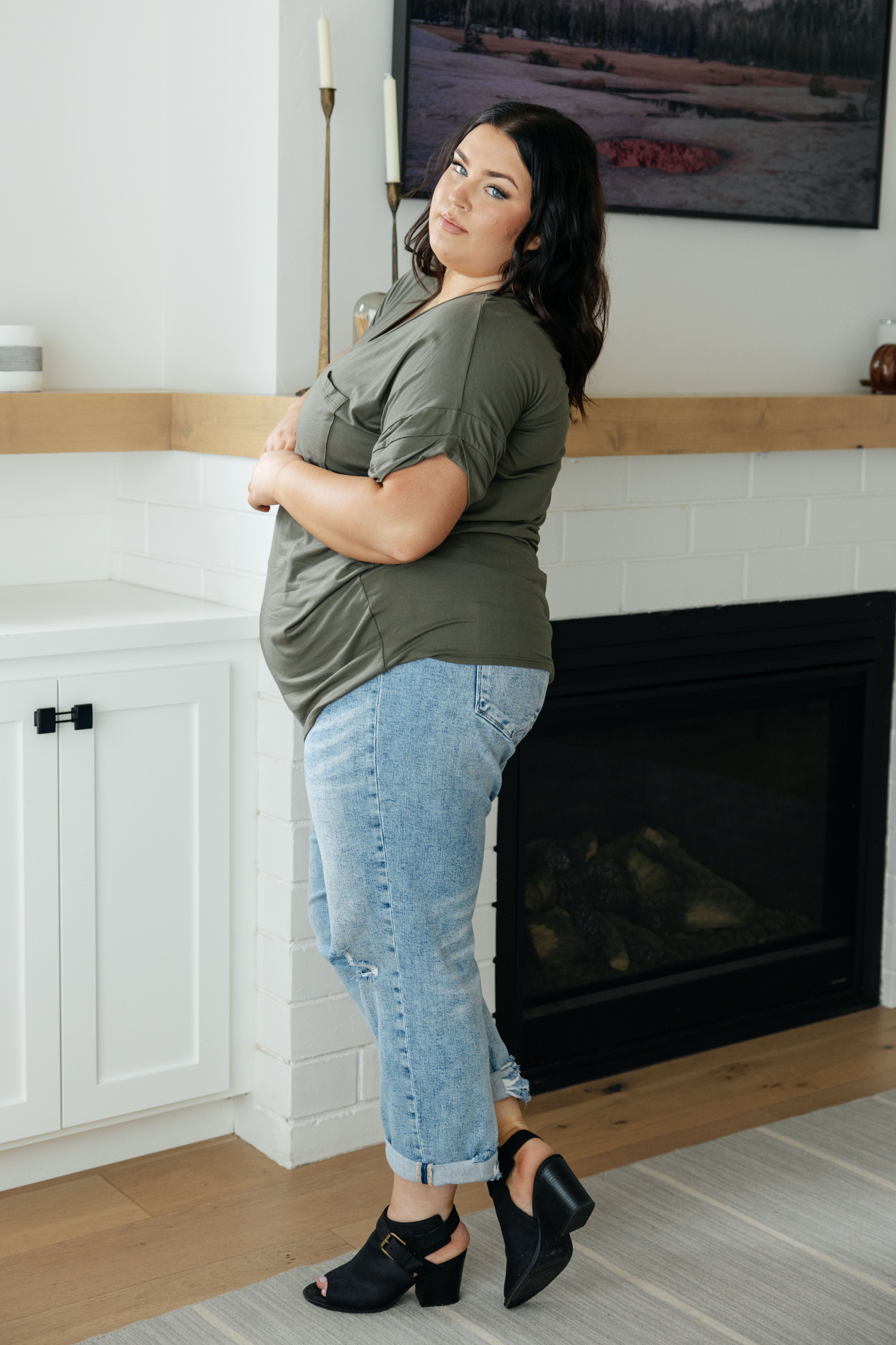Absolute Favorite V Neck Top in Olive - Women's Casual Comfortable T-Shirt for Everyday Wear, Work & Outings