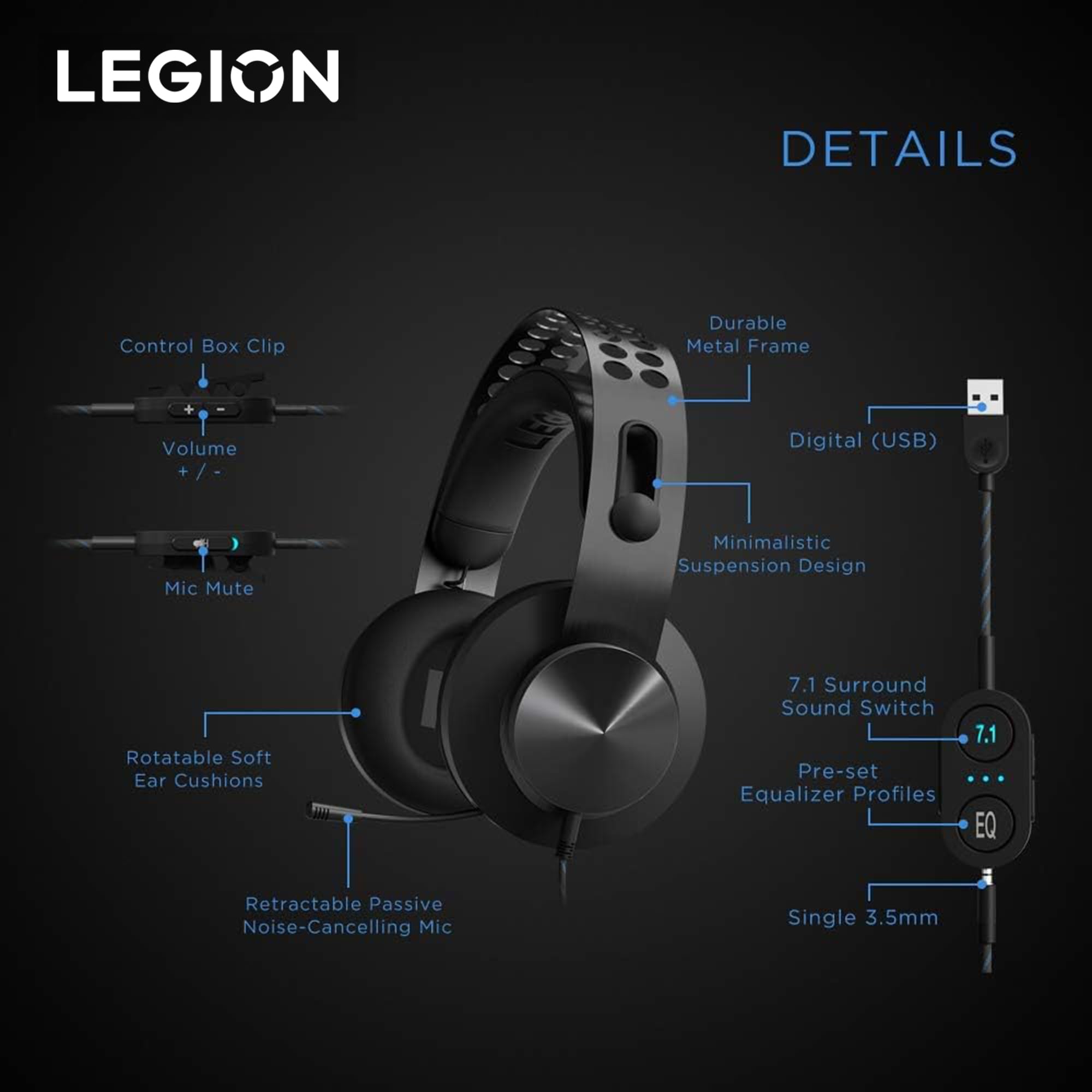 Lenovo Legion H500 PRO 7.1 Surround Sound Gaming Headset with Noise-Cancelling Mic - Memory Foam & PU Leather Earcups, Adjustable Steel Headband - Compatible with PC, PS4, Xbox One, Nintendo Switch (Model GXD0T69864, Black) - Perfect for Competitive Gaming, Streaming & Long Gaming Sessions