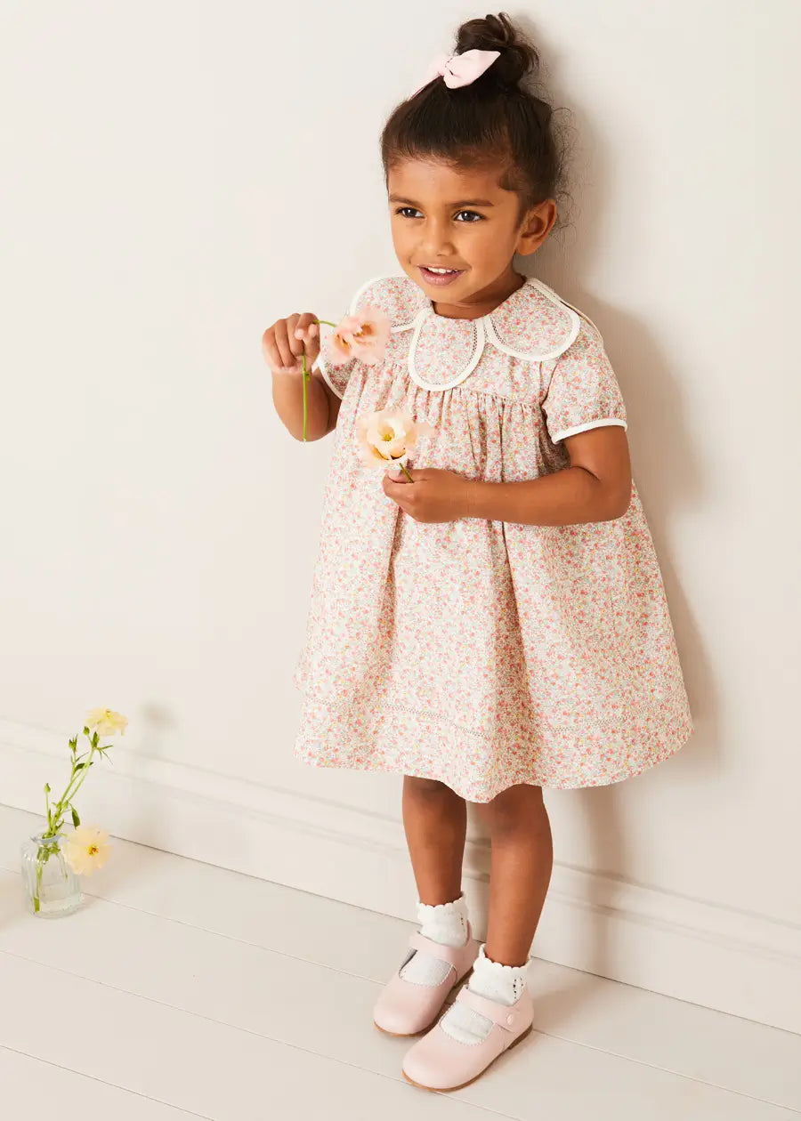 Floral Statement Collar Short Sleeve Dress for Girls - Coral Pink (Sizes 12 Months to 10 Years) | Perfect for Birthday Parties, Family Photos & Special Occasions