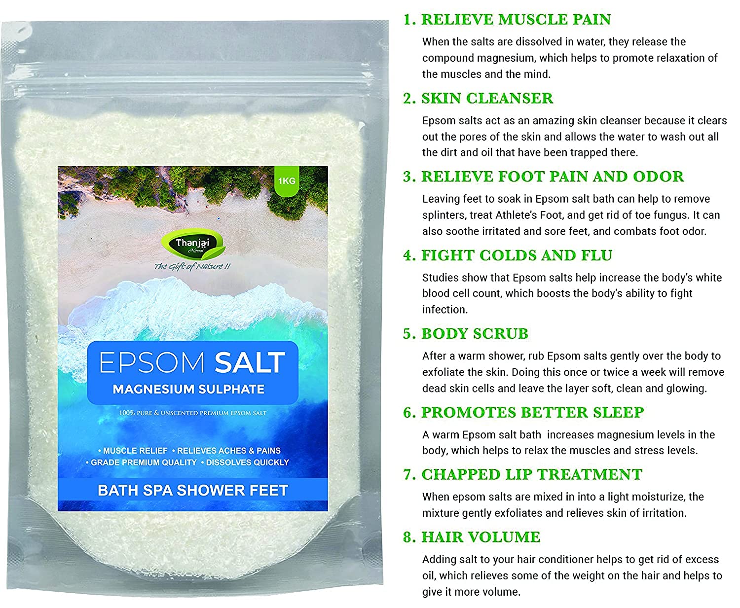 Premium 1Kg Epsom Salt (Magnesium Sulfate) - Grade A for Muscle Pain Relief, Relaxing Bath & Foot Soak | Natural Plant Nutrient & Growth Booster | Gardening & Home Spa Essential | Perfect for Post-Workout Recovery, Stress Relief & Healthy Plants