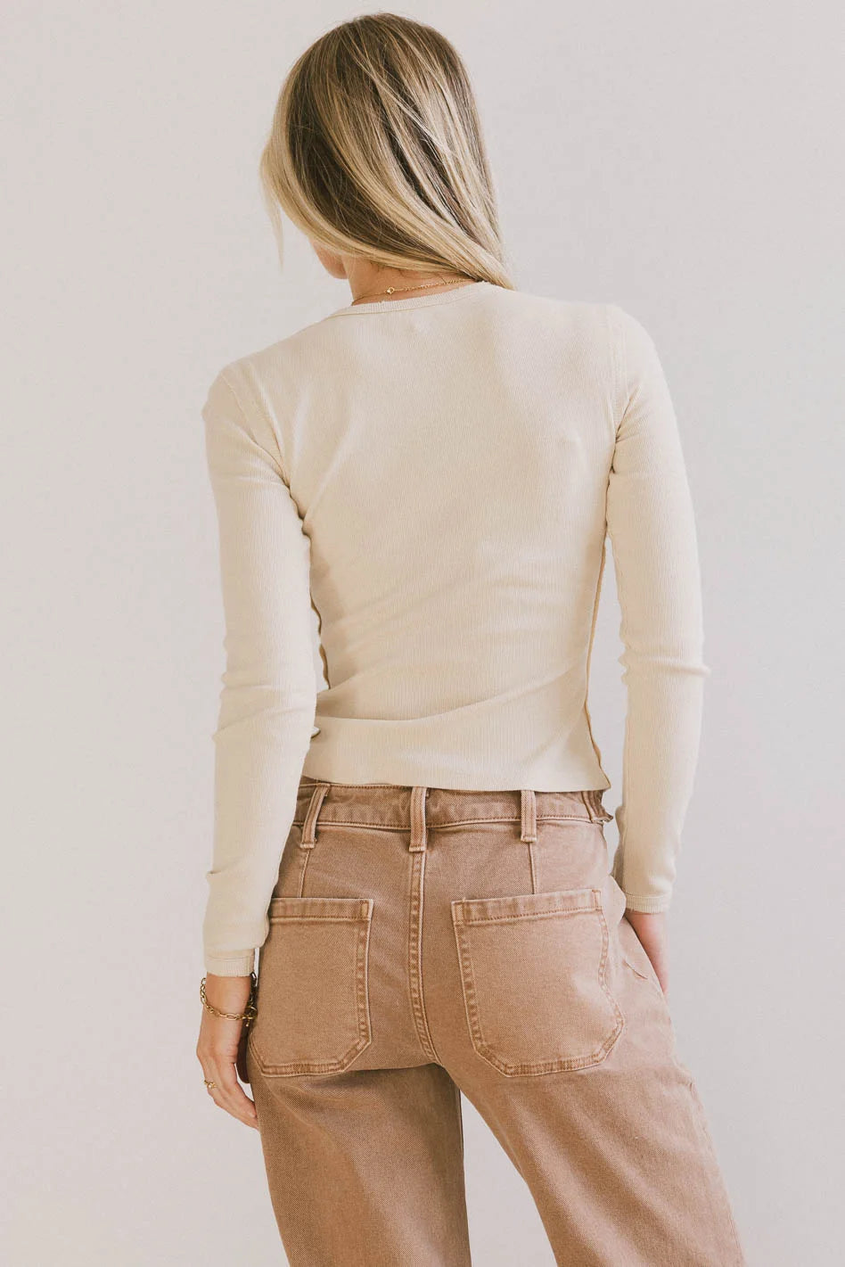 Lexie Ribbed Beige Top for Women - Soft Stretch Casual & Layering T-Shirt for Everyday Wear, Outfits, and Office Looks