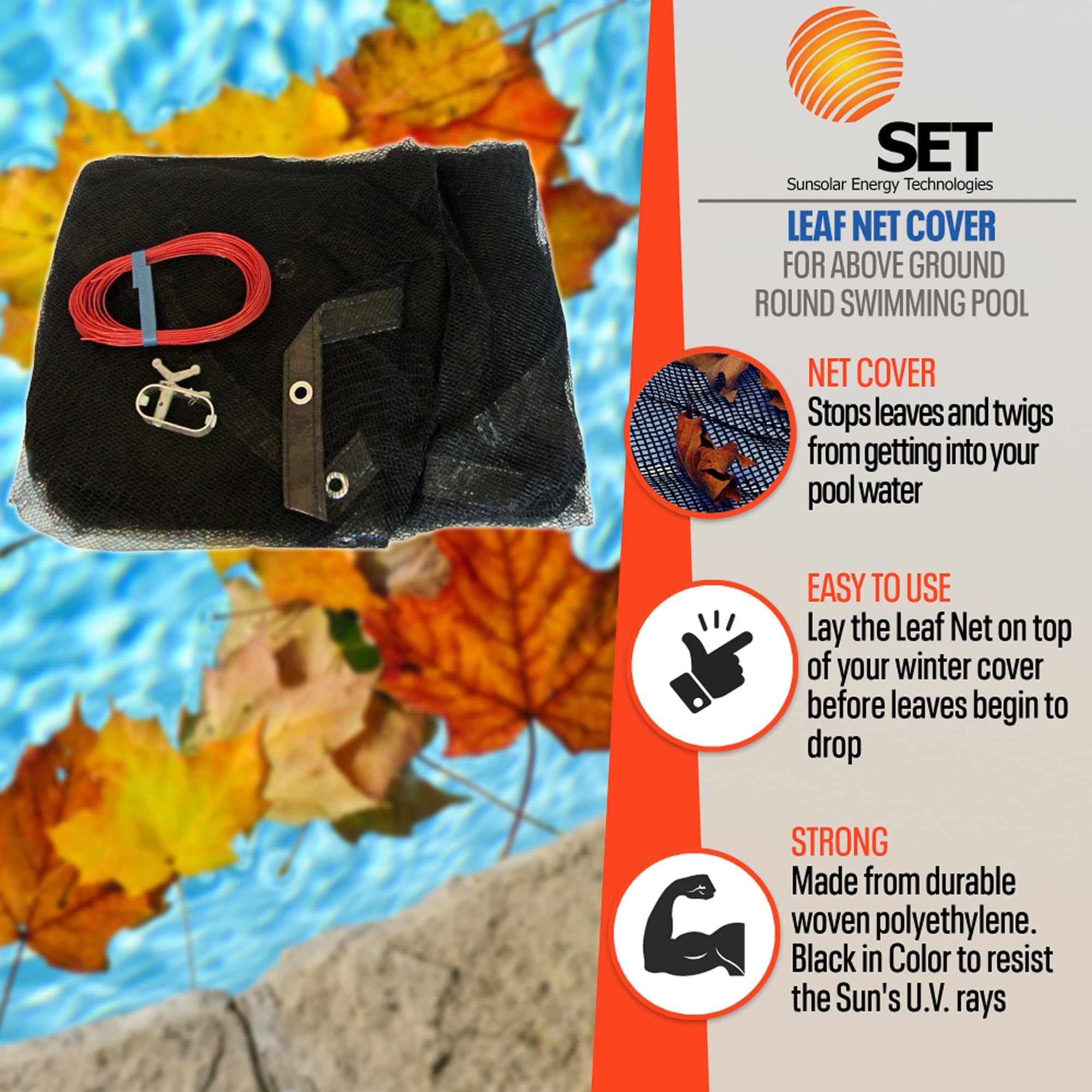Sunsolar Energy Technologies 28 ft Round Above Ground Pool Leaf Net Cover with 3 ft Overlap - Durable Mesh Pool Cover for Fall & Winter Protection, Easy Installation, UV Resistant - Perfect for Backyard, Inground & Outdoor Swimming Pools