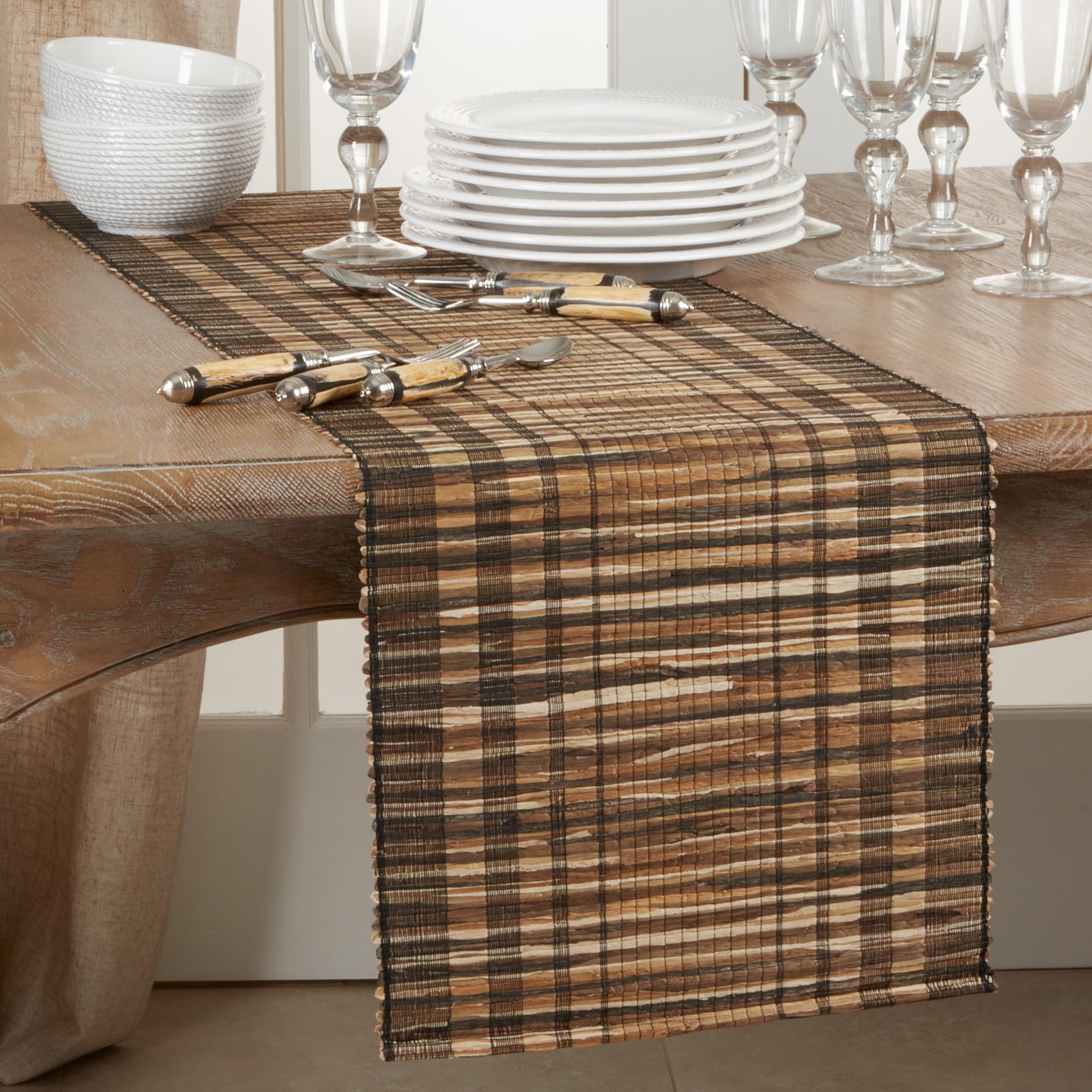 Eco-Friendly Striped Water Hyacinth Table Runner - Handwoven Natural Fiber Dining Table Decor for Farmhouse, Boho & Coastal Home Decor | Perfect for Weddings, Parties & Everyday Use