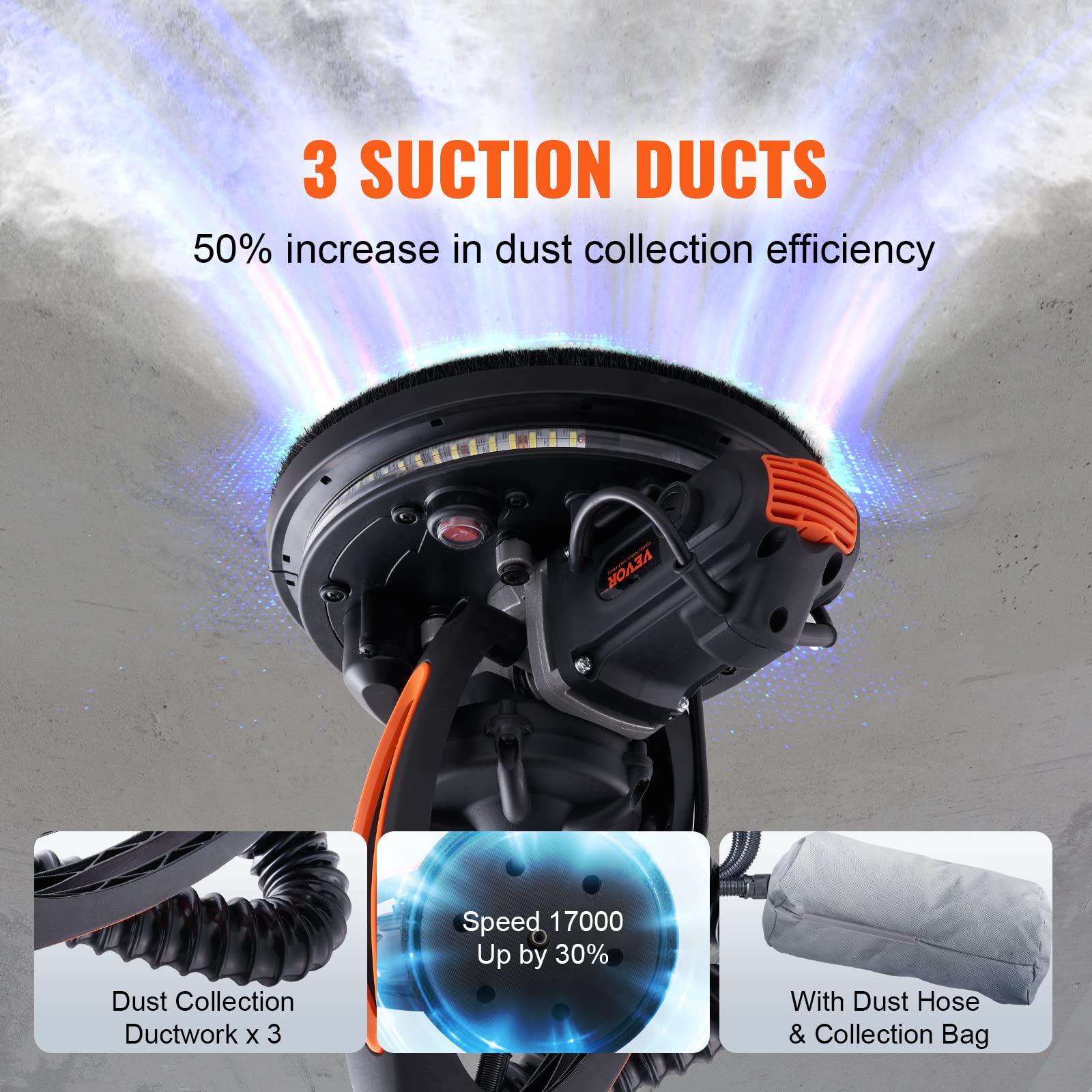 VEVOR 900W Electric Drywall Sander with 12 Sanding Discs, Variable Speed 800-1800 RPM, 3 Suction Ducts & Dust Bag - Foldable Ceiling Sander with Extendable Handle & 2 LED Lights for Wall and Ceiling Sanding - Perfect for Home Renovation, DIY Projects, and Professional Construction Work