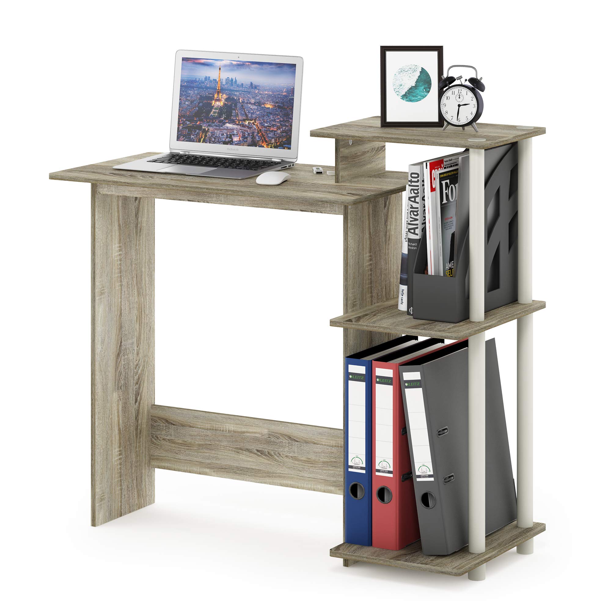 Furinno Compact Home Office Desk with Square Shelves - Sonoma Oak & White Finish | Perfect for Small Spaces, Dorm Rooms, and Workspaces - Laptop Computer Desk with Storage