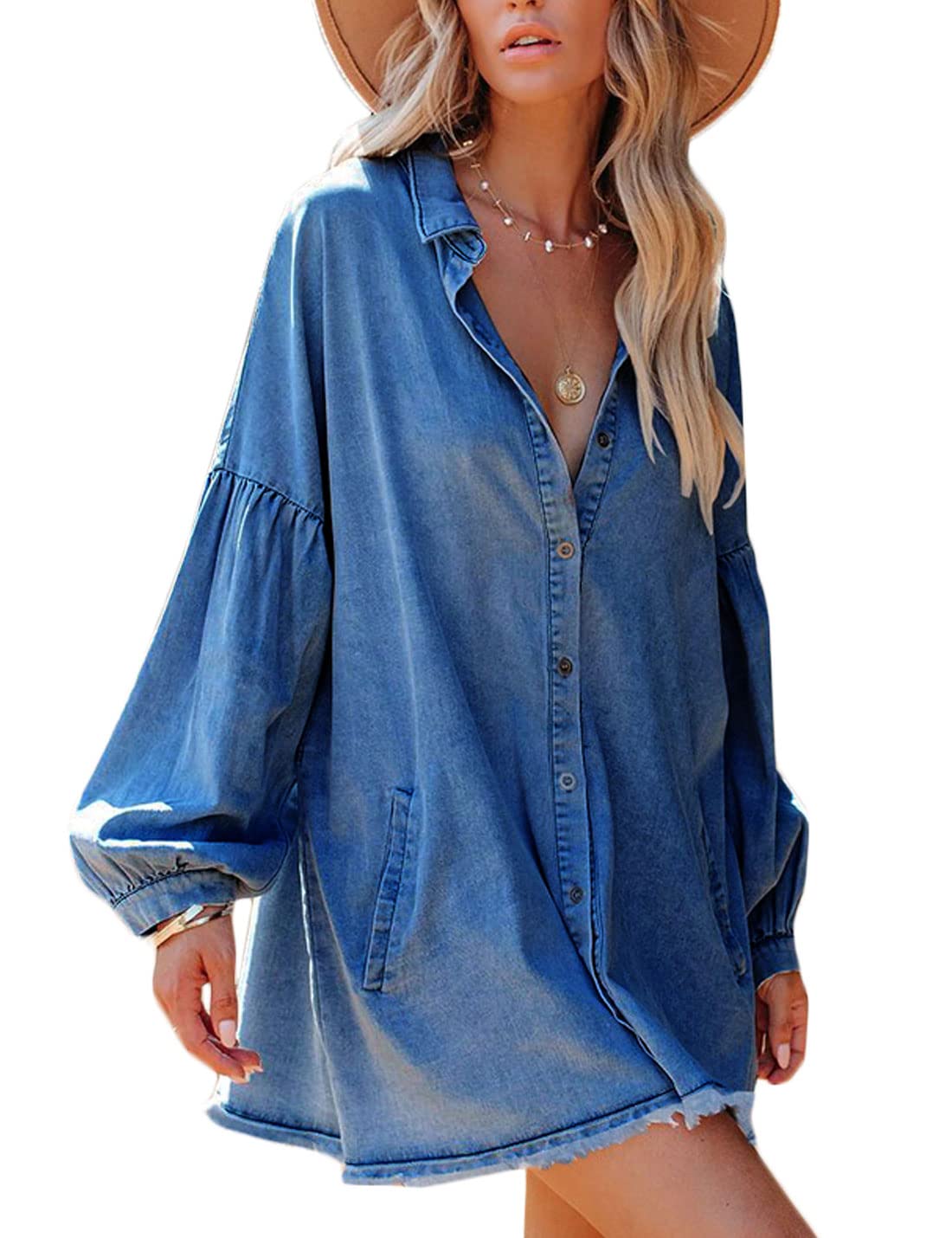 Distressed Women's Denim Shirt Dress - Button Down Casual Jean Shacket Top for Women | Perfect for Layering, Casual Outings & Boho Fashion Styles