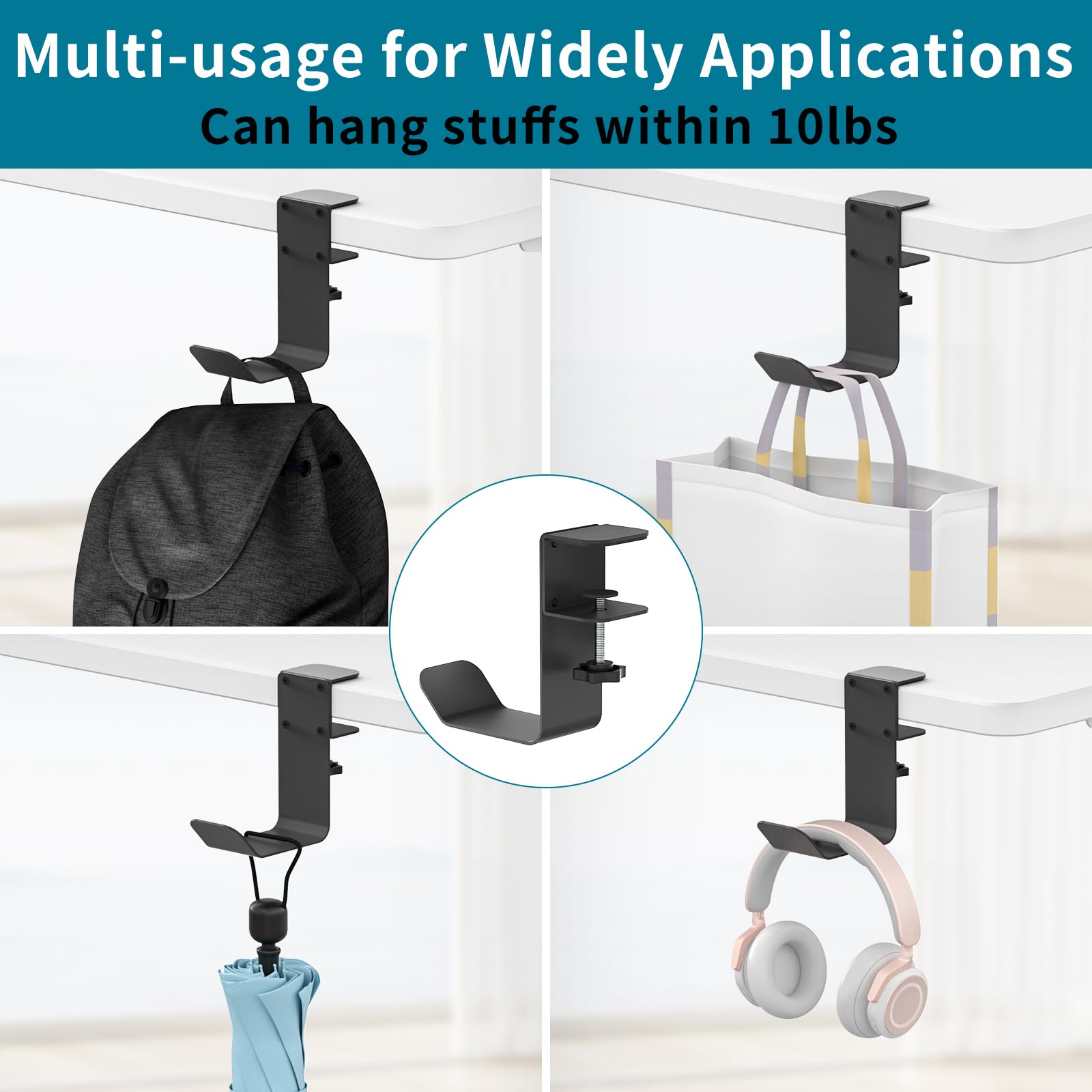 Clamp-On Under Desk Headphone Holder & Backpack Hook - Space Saving Headset Hanger for PC Gaming, Office & Home Use - Perfect for Organizing Headsets, Bags & Accessories