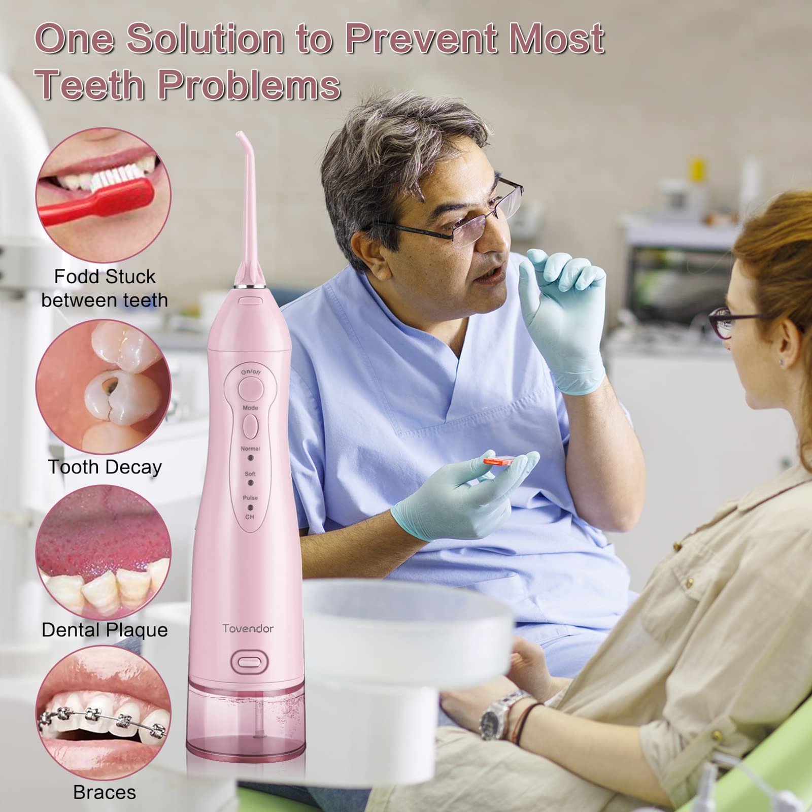 TOVENDOR Cordless Water Dental Flosser - 300ML Rechargeable Oral Irrigator with 5 Nozzle Tips, IPX7 Waterproof for Teeth Cleaning, Braces Care & Gum Health | Portable Travel Water Flosser for Home & Office Use