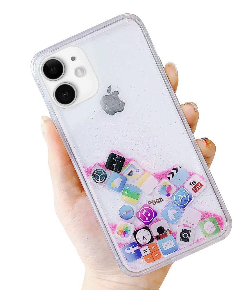 UnnFiko Liquid Glitter Phone Case for iPhone 13 Pro Max | Hard Back Colorful Bling Quicksand Design with iOS Icon | Shimmering Protective Cover (Pink Glitter) - Perfect for Parties, Daily Use & Fashion Accessories
