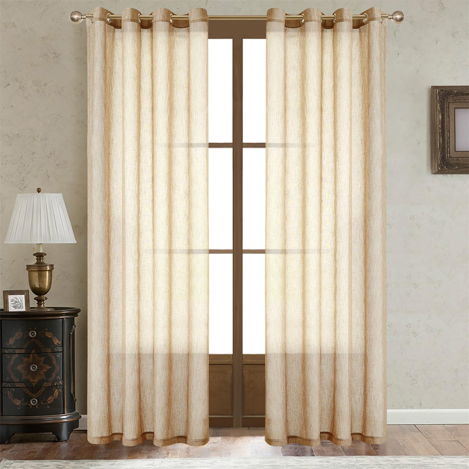 LOYOLADY Khaki Linen Curtains 96 Inches Long - 2 Panels Set, Semi Sheer Window Drapes for Bedroom & Living Room (72