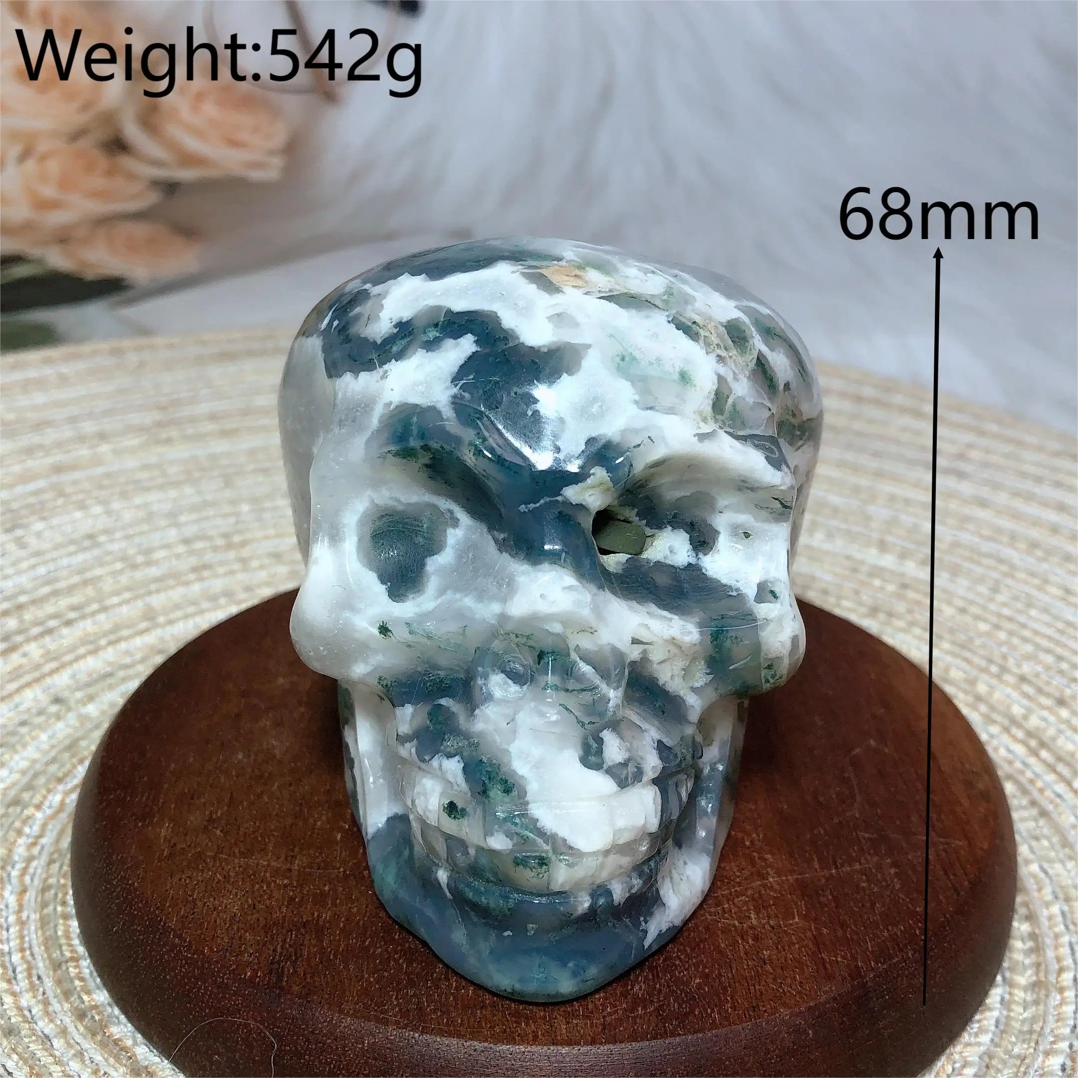 Natural Crystal Moss Agate Skull Carving - Polished Healing Stone for Reiki Energy, Spiritual Home Decor & Meditation Room Decoration | Perfect for Yoga Spaces, Altars & Positive Energy Gifts