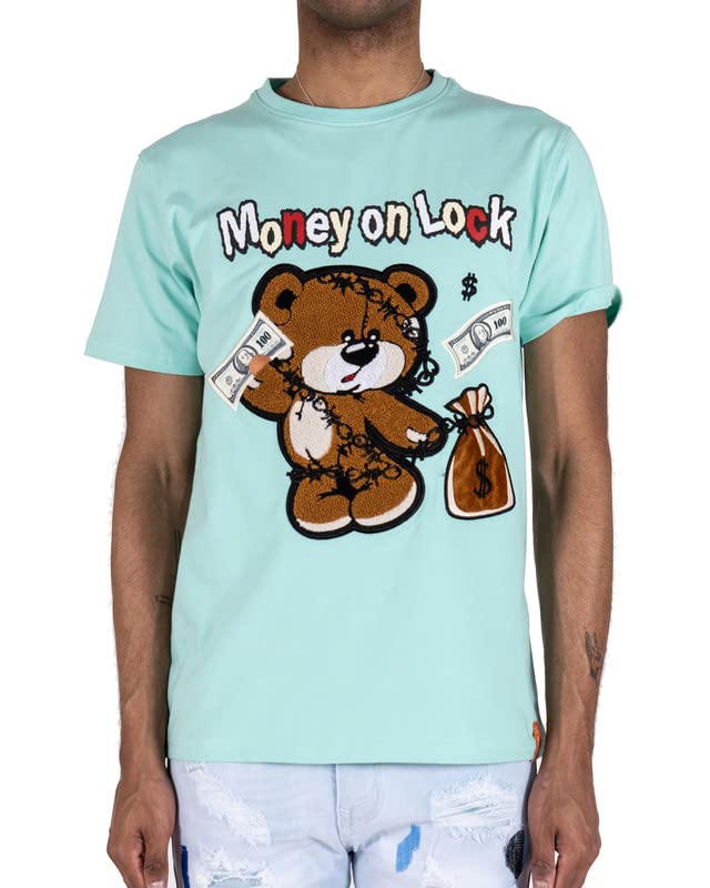 Men's Graphic T-Shirt with Teddy Bear Fuzzy Patch Holding Money Bag - 95% Cotton 5% Spandex - Casual Streetwear for Everyday Wear & Money Themed Outfits