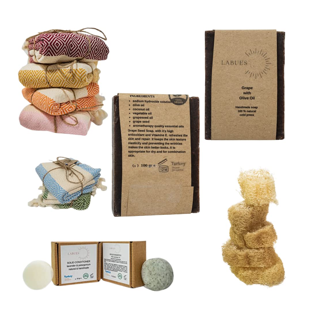 Natural Handmade Gift Set - Travel Size Shampoo Bar & Conditioner (10-15 Washes), Handmade Grape Seed Soap, Organic Loofah & Turkish Face Towel - Skin Repair & Refreshment | Perfect for Travel, Eco-Friendly Bath Routine & Spa Day at Home