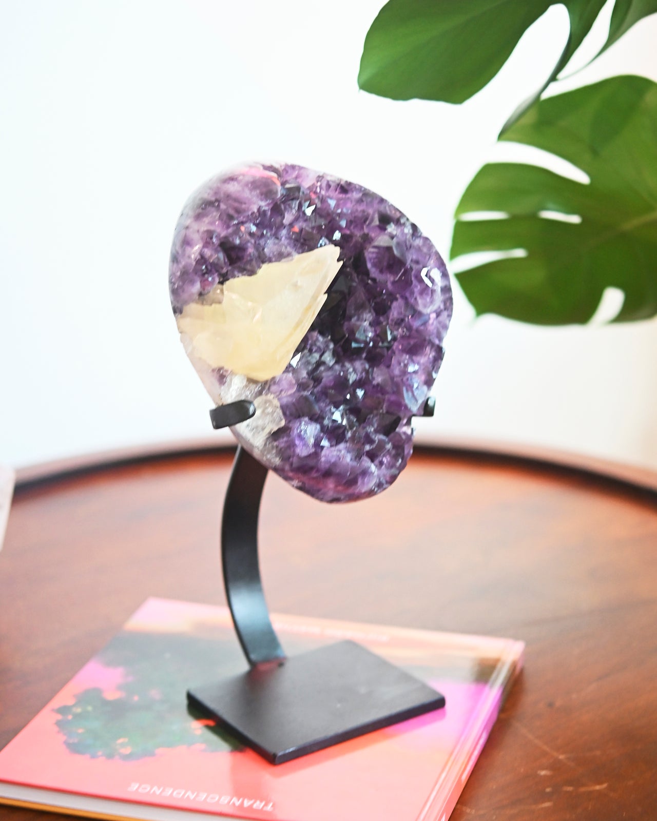 Natural Amethyst with Calcite Geode on Wooden Stand - 8.8 lbs Healing Crystal for Home Decor, Meditation & Spiritual Gifts | Perfect for Living Room, Office & Yoga Space
