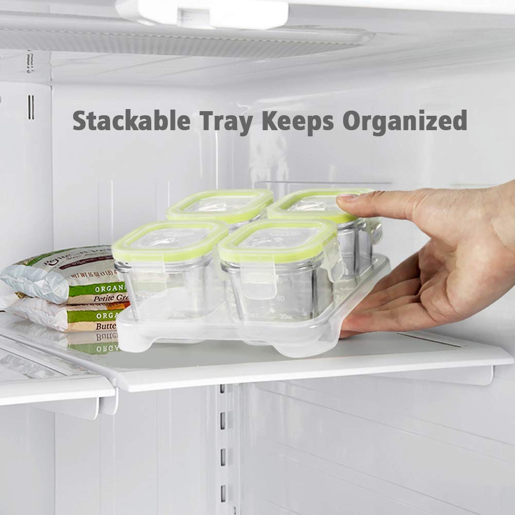 Matyz 4-Pack Glass Baby Food Containers with Airtight Lids & Stackable Tray - 3oz Freezer Safe Storage Jars for Infants & Toddlers - BPA-Free Reusable Meal Prep Containers (Mint Green) - Perfect for Homemade Purees, Snacks & Daycare Lunches