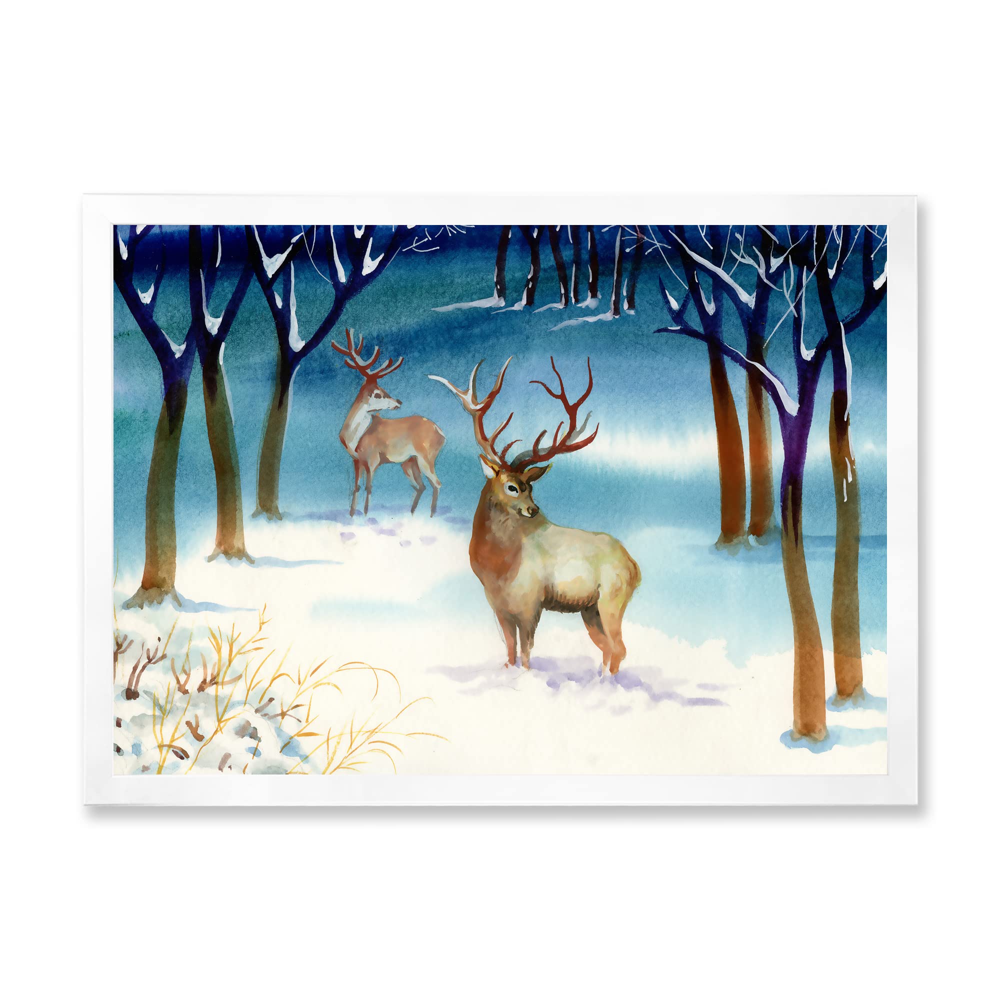 Winter Landscape With Deer Traditional Framed Wall Art - Nature Inspired Home Decor for Living Room, Bedroom & Office