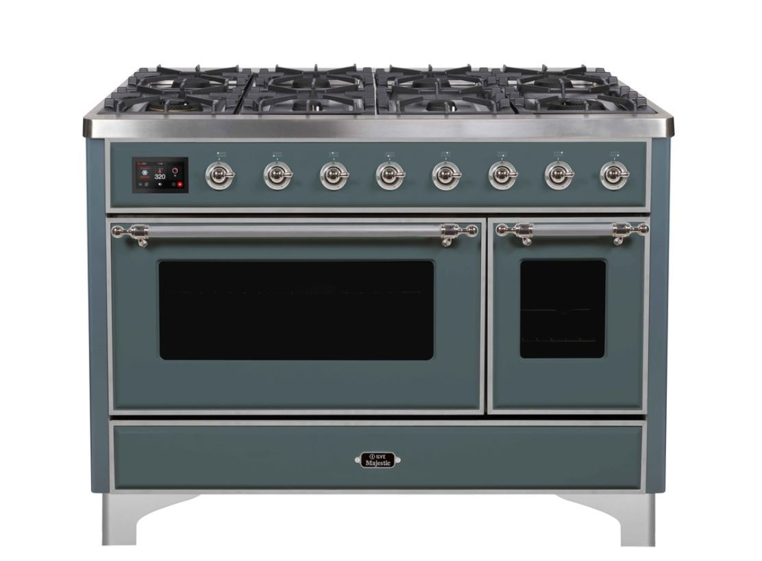 ILVE 48 Inch Majestic II Series Freestanding Dual Fuel Double Oven Range with 8 Sealed Burners, Triple Glass Cool Door & Convection Oven - Professional Gas Range for Home Kitchen, Restaurant & Catering (UM12FDNS)