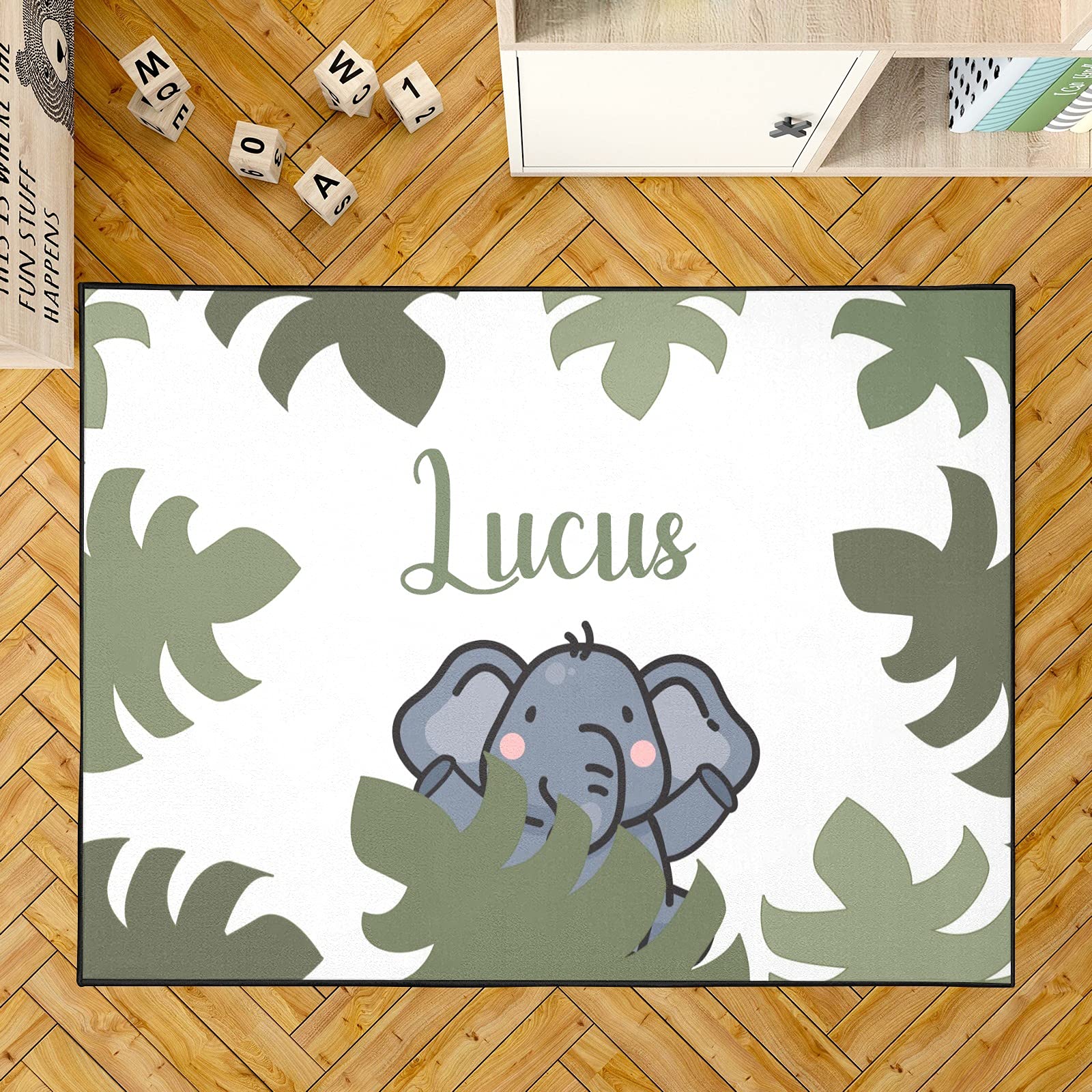 Personalized Elephant & Leaves Baby Play Mat - Non-Toxic 5.2'x7.5' Nursery Rug for Girls & Boys - Custom Kids Room Decor Gift for Playroom, Bedroom & Daycare - Perfect for Crawling, Tummy Time & Learning Activities