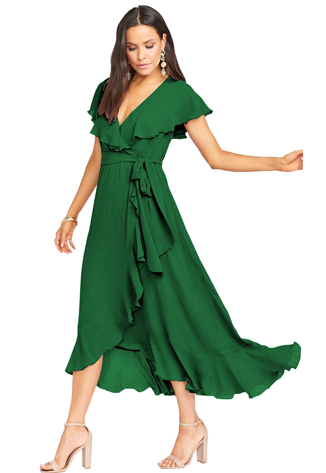 Emerald Green Chiffon V-Neck Tea Length Prom Dress with Ruffles & Slit - A-Line Bridesmaid Formal Gown for Women (US Size 6) | Perfect for Weddings, Parties, and Special Occasions