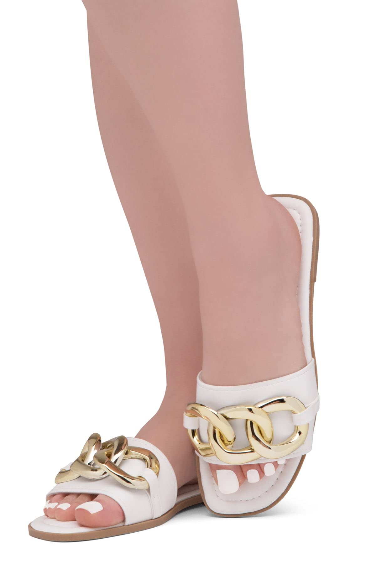 EMMA Women's Flat Sandals - Square Open Toe Slip-On Slides with Metal Chain & Cushioned Footbed | Comfortable Summer Sandals for Beach, Vacation, and Everyday Wear