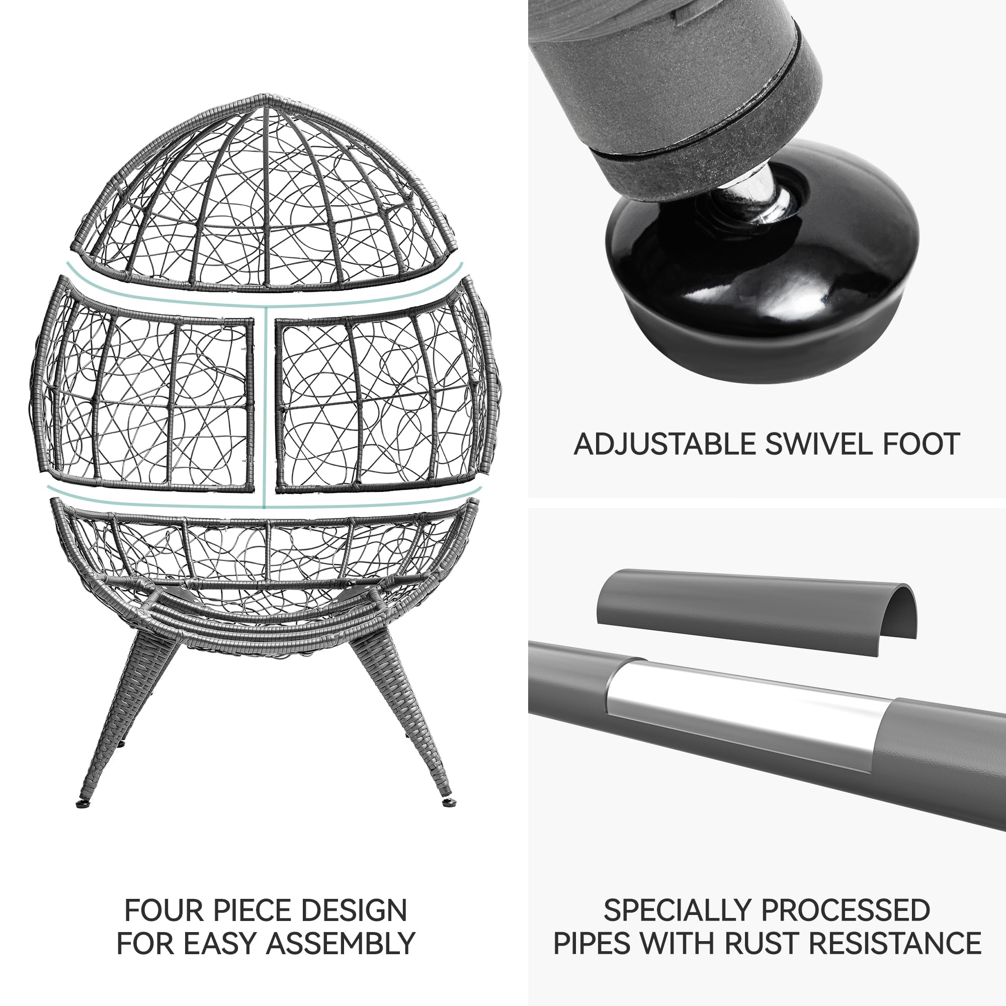 YITAHOME Oversized Wicker Egg Chair with Stand - 330lbs Capacity Indoor/Outdoor Hanging Lounger with Cushion & Leveling Feet - Perfect for Patio, Bedroom, Living Room, Garden, Backyard & Balcony (Grey) | Relaxing Reading Nook & Cozy Conversation Spot