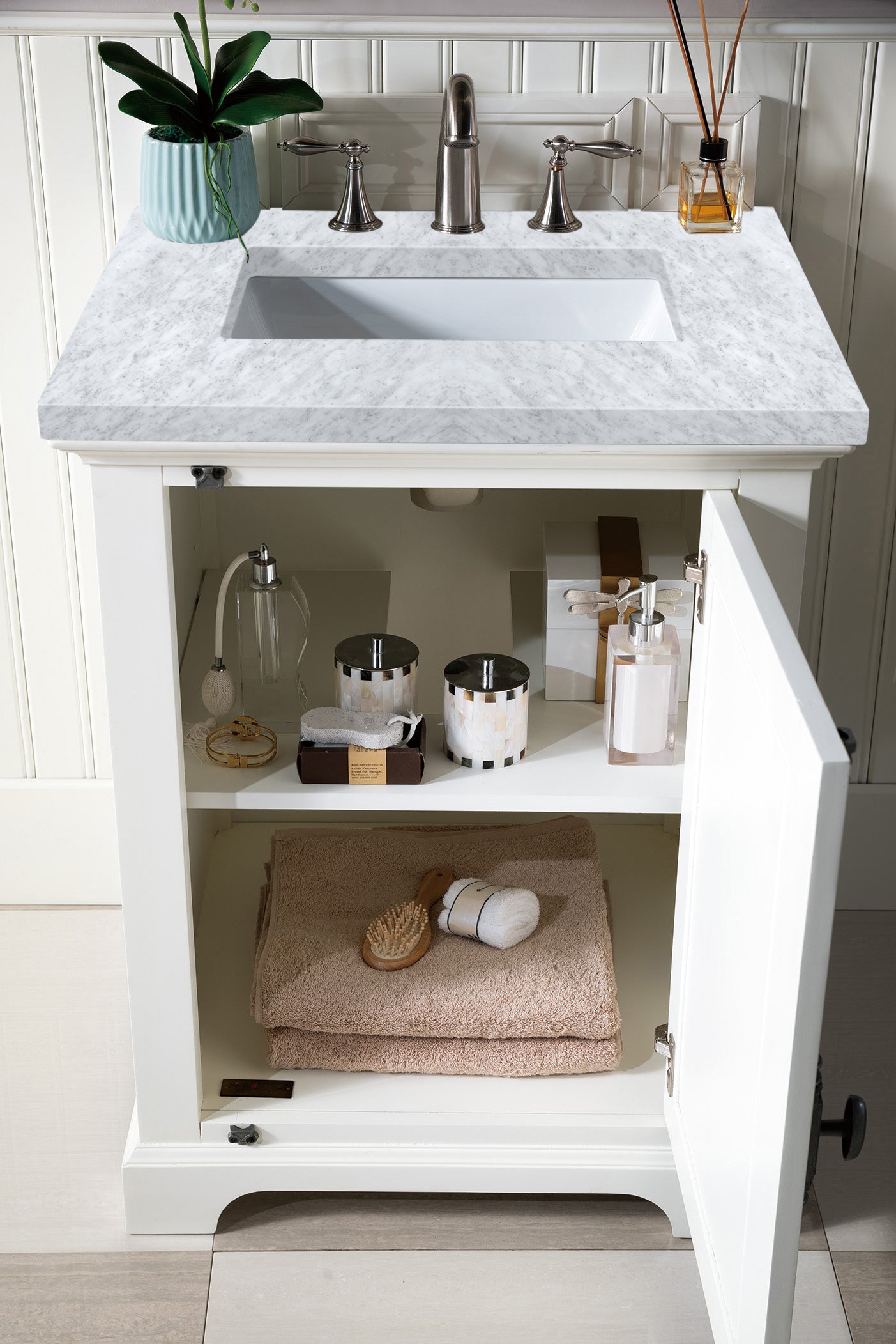 Providence 26 Inch White Bathroom Vanity with 3CM Carrara Marble Countertop - Perfect for Modern Master Bath & Powder Room Remodels