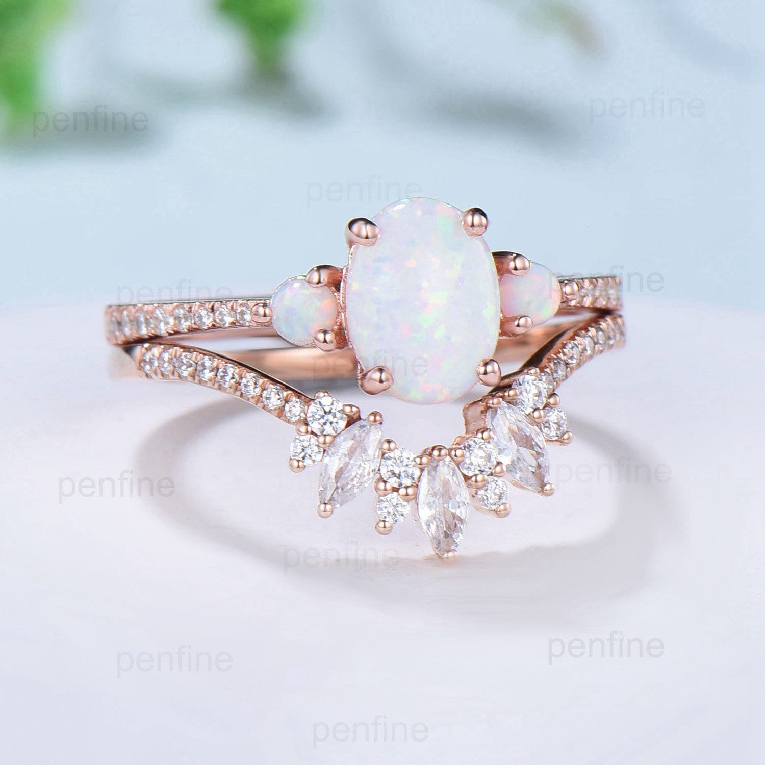 Fire Opal Engagement Ring Set - Oval Cut White Opal Wedding Ring with Three Stone Crown & Moissanite Stacking Band in Rose Gold | Art Deco Style for Bridal, Anniversary & Special Occasions