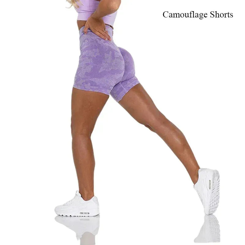 NVGTN Camo Seamless Spandex Shorts for Women - High Waisted Elastic Workout Shorts with Hip Lifting Design, Breathable & Comfortable for Running, Yoga, Gym & Casual Wear