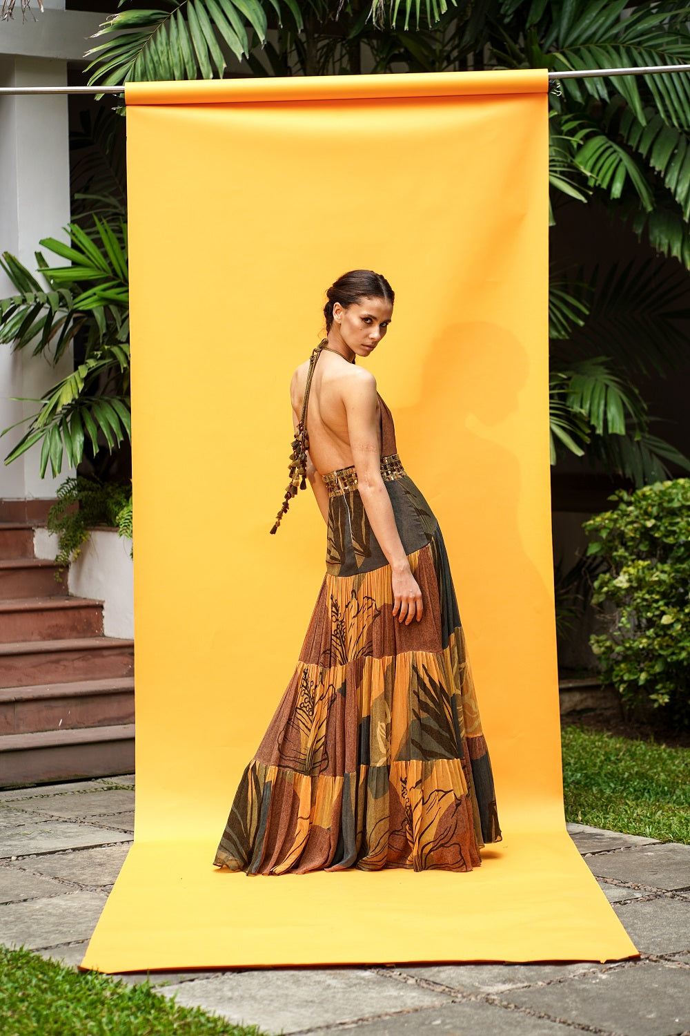 Tropical Mustard Print Maxi Dress with African Baroque Hand Embroidery - Perfect for Beach Vacations, Summer Weddings & Boho Fashion