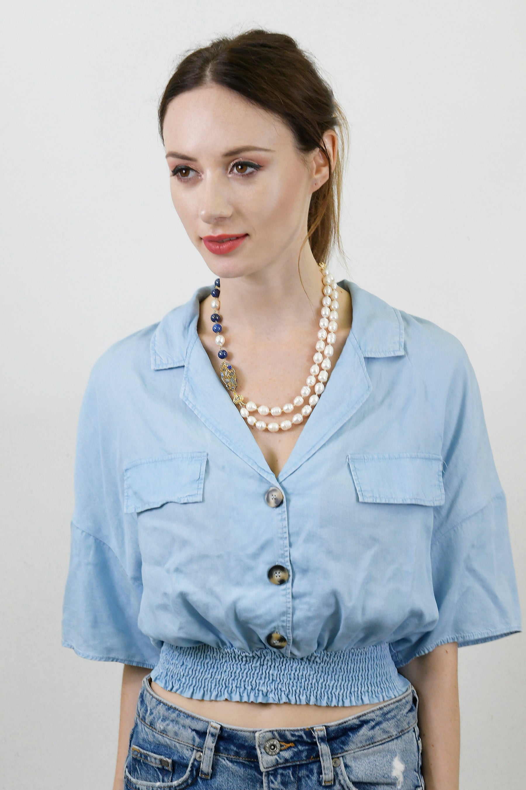 Elegant Freshwater Pearl Necklace with Lapis Lazuli & Rhinestone Accents - Double Strand Design for Women | Perfect for Weddings, Parties & Formal Occasions