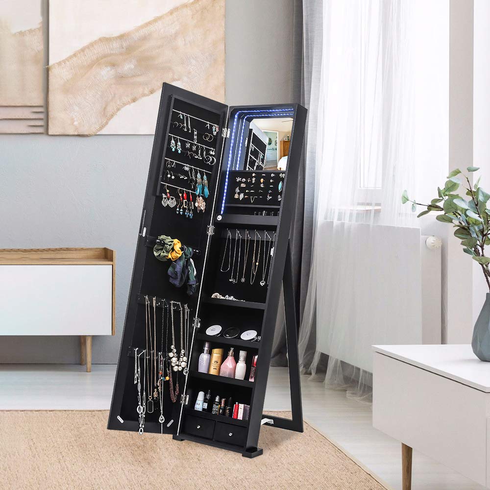 GT7-XB 79 Blue LED Jewelry Cabinet with Full-Length Mirror - Upright Jewelry Organizer Storage for Necklaces, Rings & Earrings - Perfect for Bedroom, Closet & Dressing Room (Black)