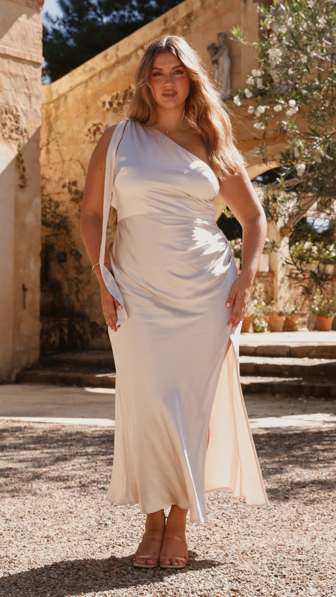 Elegant One Shoulder Maxi Dress in Champagne - Perfect for Weddings, Parties & Evening Events