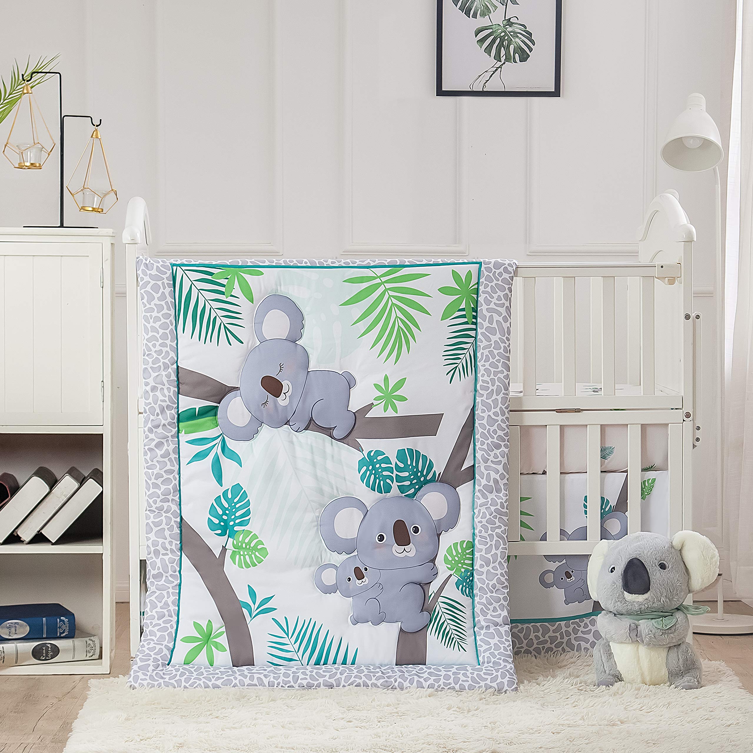 Premium Baby Koala Nursery Crib Bedding Set - 3 Piece Standard Size Crib Set in Soft Grey & Green | Unisex Nursery Bedding & Neutral Decor for Boys & Girls | Perfect for Newborns, Baby Showers & Gender-Neutral Nursery Themes