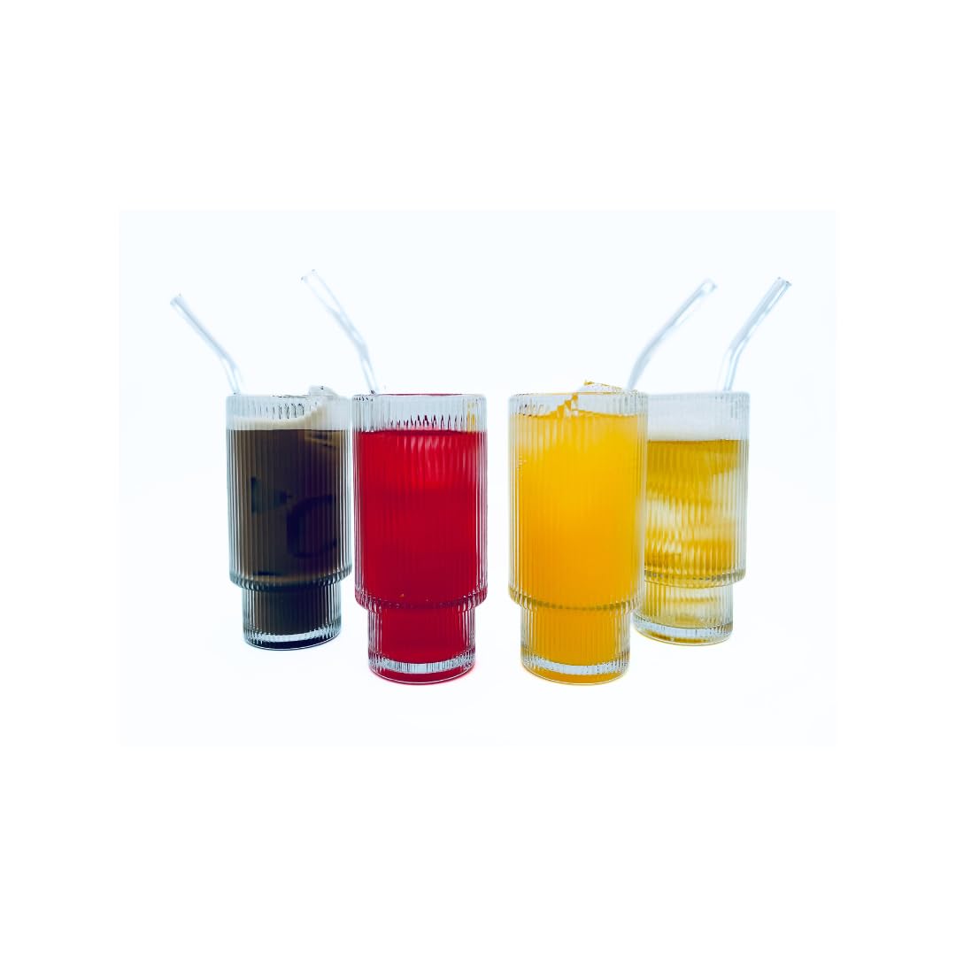Premium 4-Piece Ribbed Glass Drinking Set with Glass Straws & Cleaner - Iced Coffee & Cocktail Tumblers - Perfect Housewarming Gift for New Home - Ideal for Parties, Daily Use & Home Decor