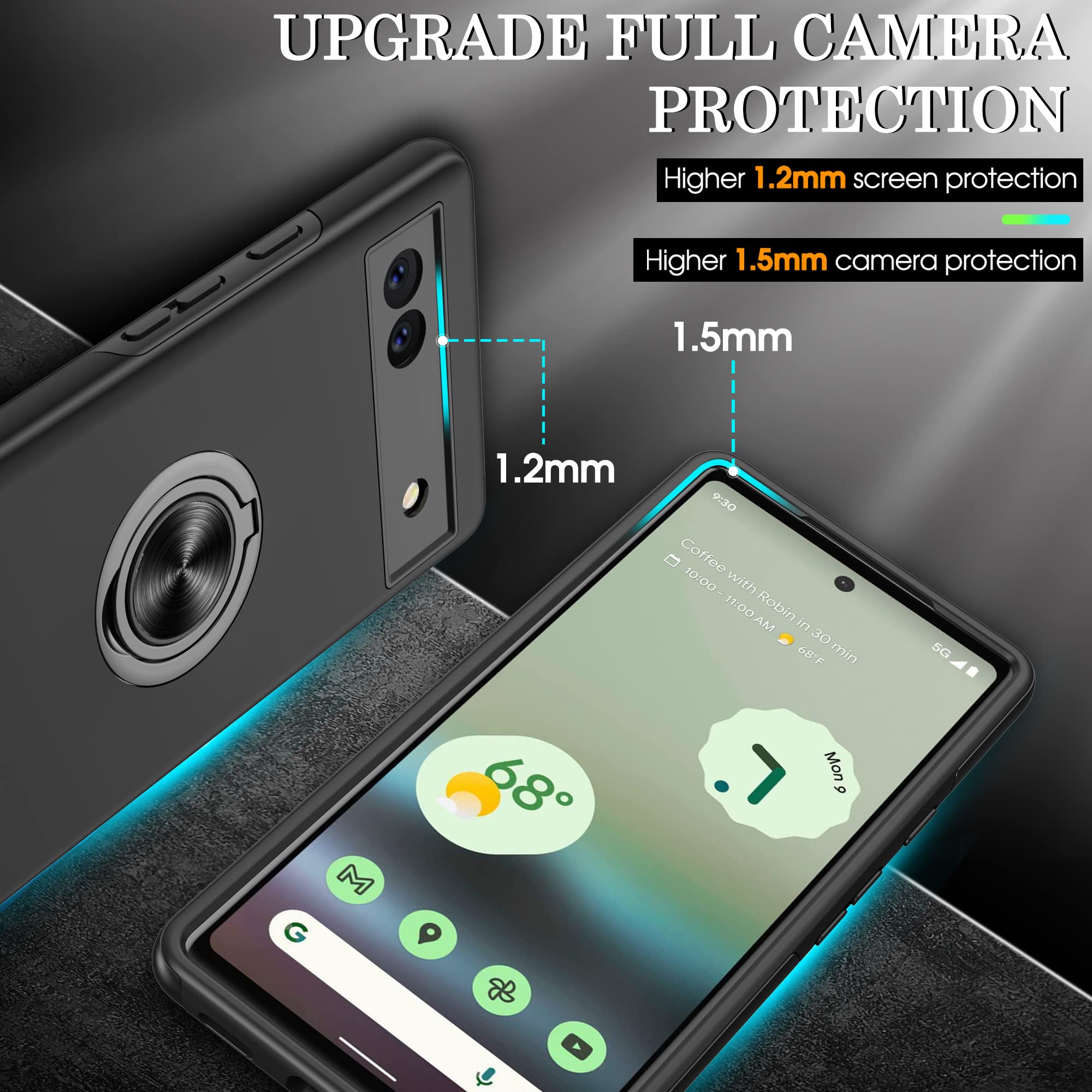 Premium Shockproof Google Pixel 6A Case with HD Screen Protector & 360° Magnetic Ring Holder Kickstand - Durable Protective Phone Cover for Google Pixel 6A (Black) - Perfect for Work, Travel, and Everyday Use