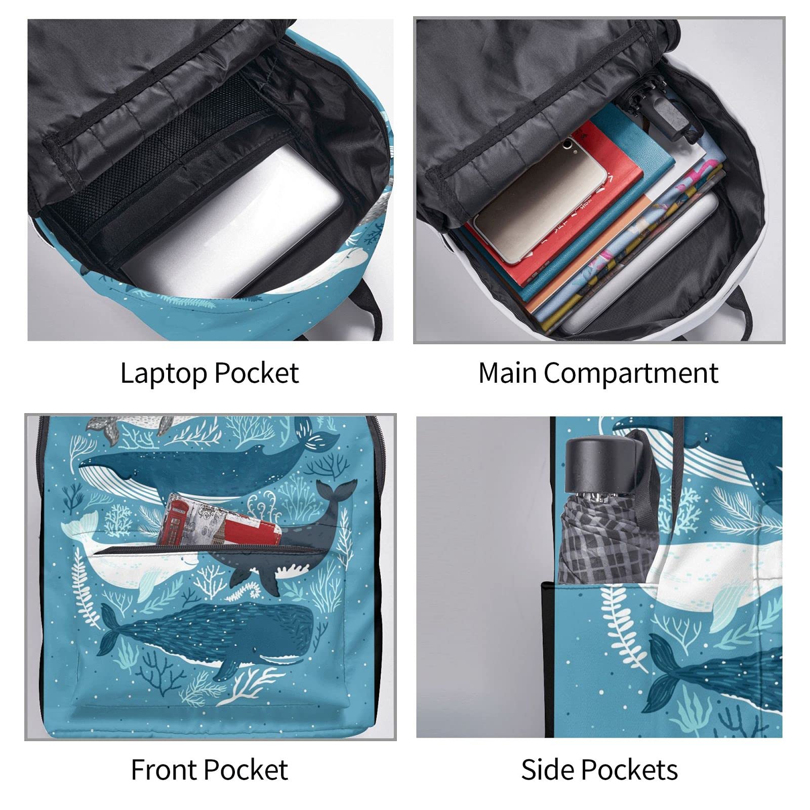16 Inch Whales Print Laptop Backpack - Waterproof School Bookbag with USB Charging Port, Travel Daypack for Men & Women - Perfect for College, Work Commute and Weekend Getaways