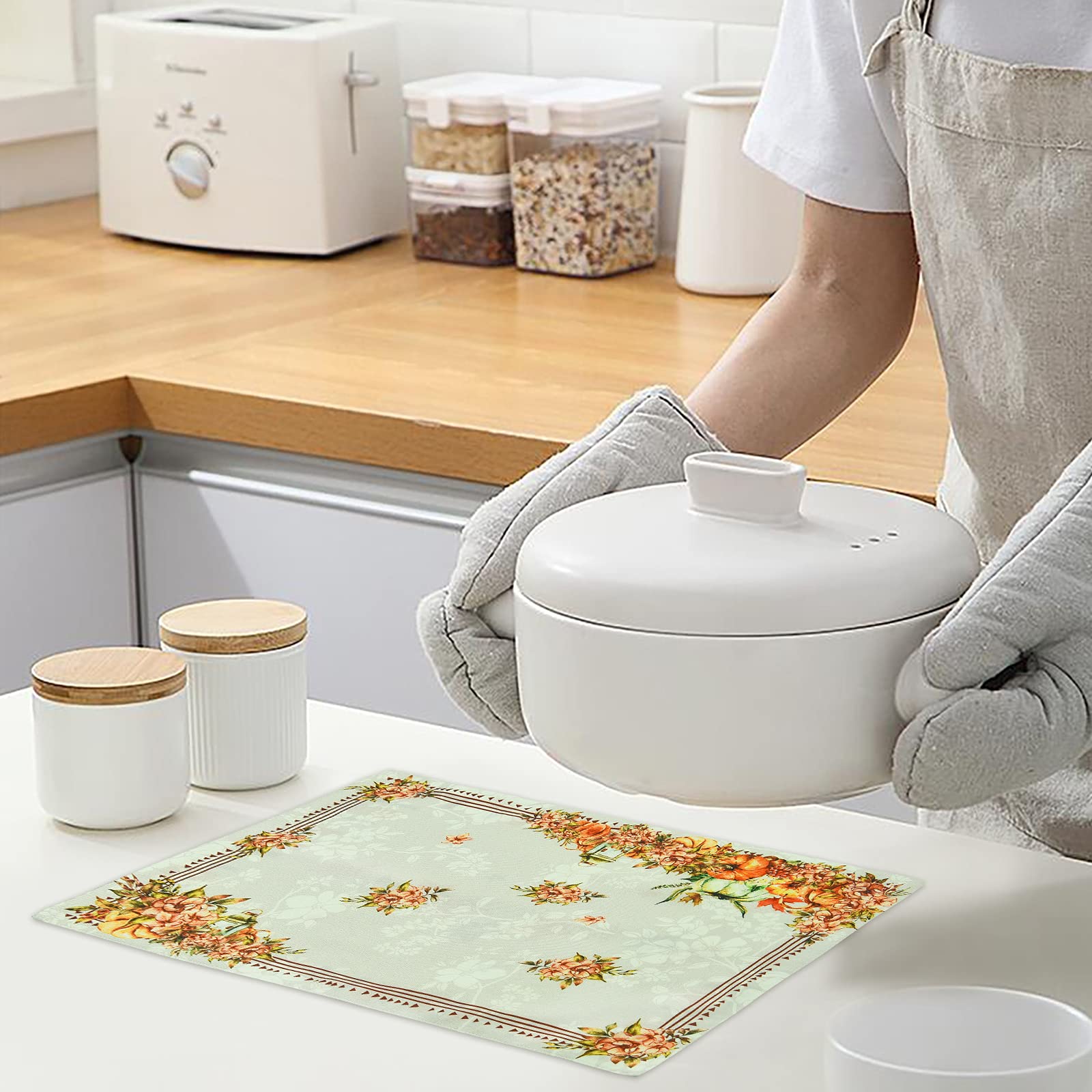 ASPMIZ 12-Piece Thanksgiving Placemat Set - Waterproof Floral Table Mats with Napkins & Coasters, Non-Slip Dining Table Decor for Fall & Autumn (12x18 Inch) - Perfect for Thanksgiving Dinner, Holiday Gatherings & Seasonal Home Decor