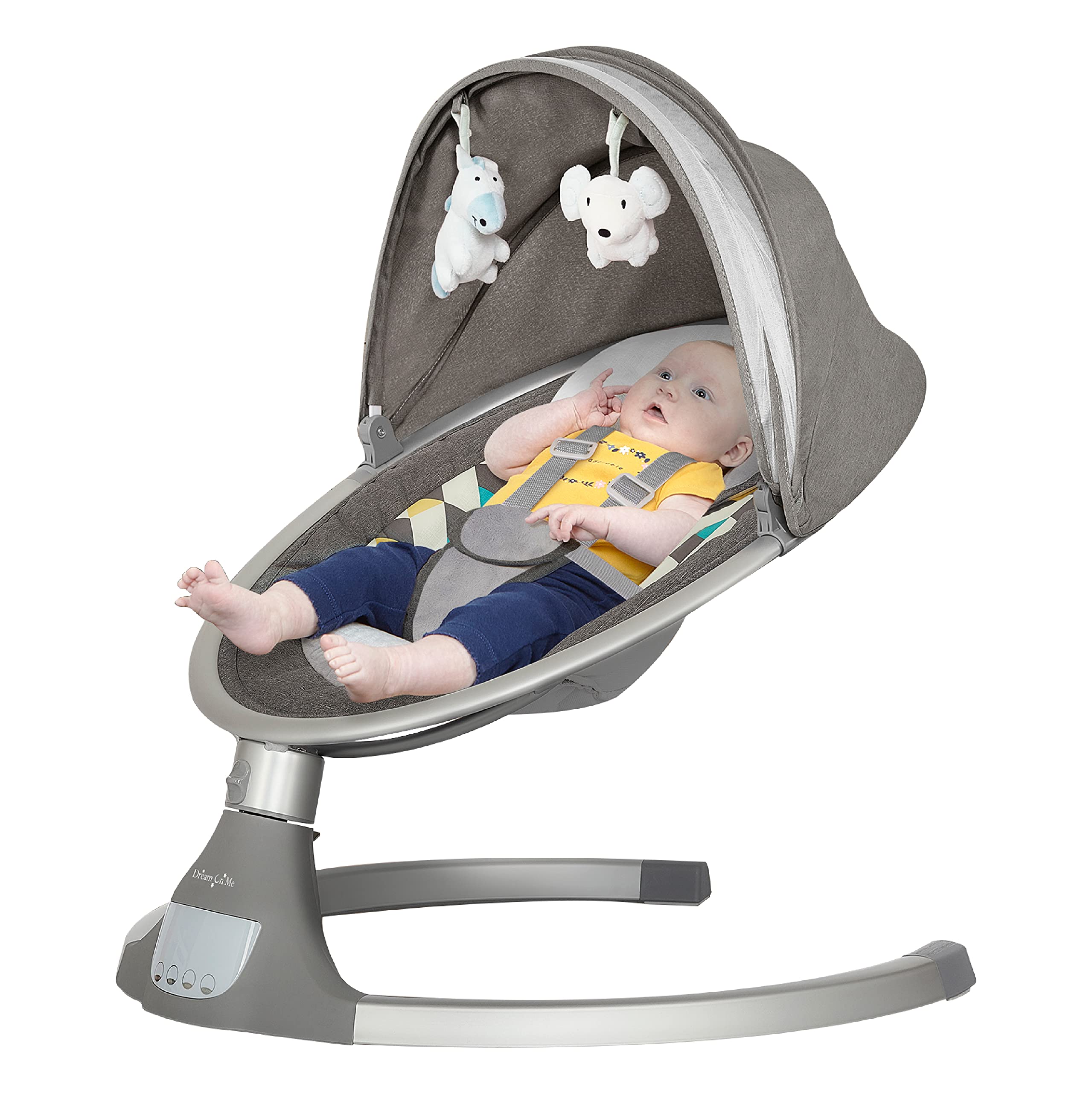 Dream On Me Zazu Baby Swing for Infants - 5 Speed Adjustable Baby Swing with Bluetooth, Remote Control & 2 Attached Toys (Grey/Blue) - Perfect for Nursery, Daycare & Soothing Fussy Babies