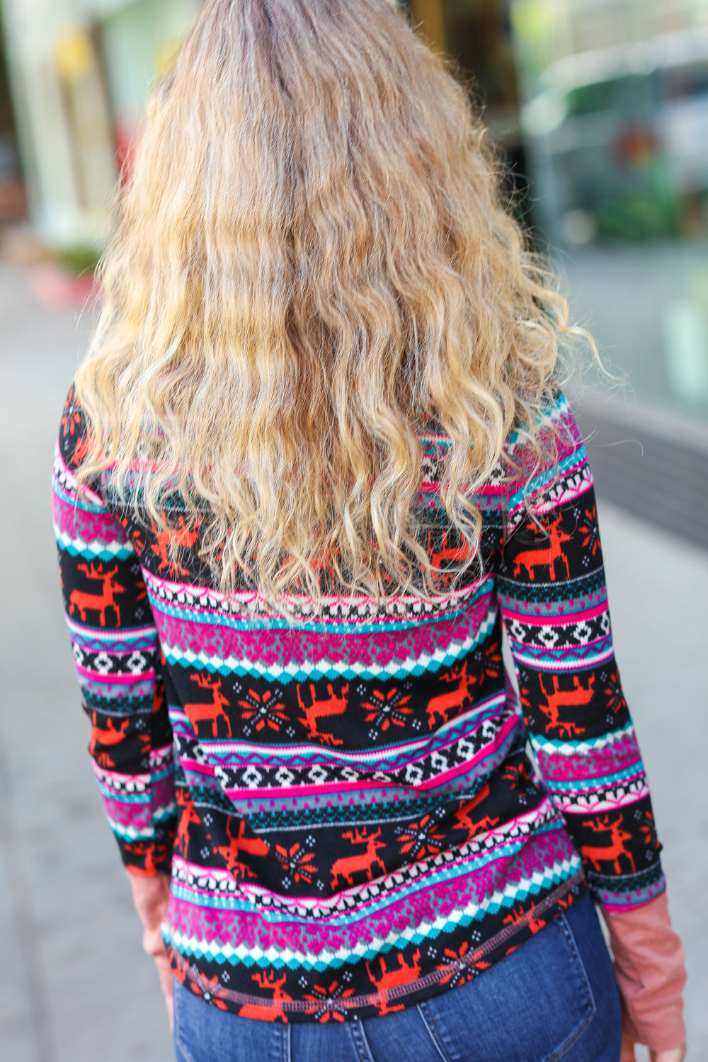 Christmas Ready Black & Fuchsia Reindeer Print Thermal Top - Festive Winter Wear for Holiday Parties & Cozy Outfits
