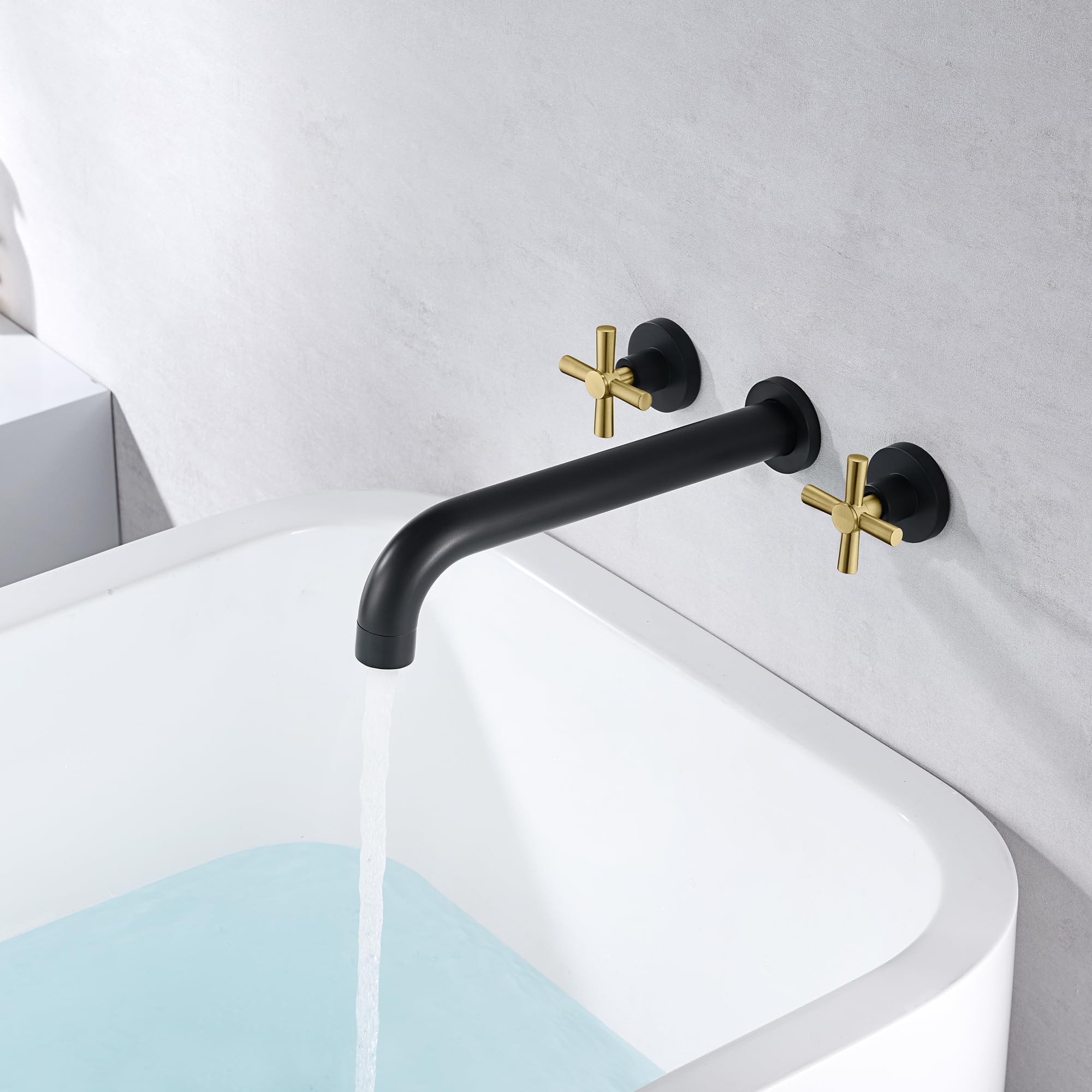 SUMERAIN Black and Gold Wall Mount Tub Faucet with 2 Cross Handles - Long Spout High Flow Bathroom Fixture for Vintage & Modern Homes