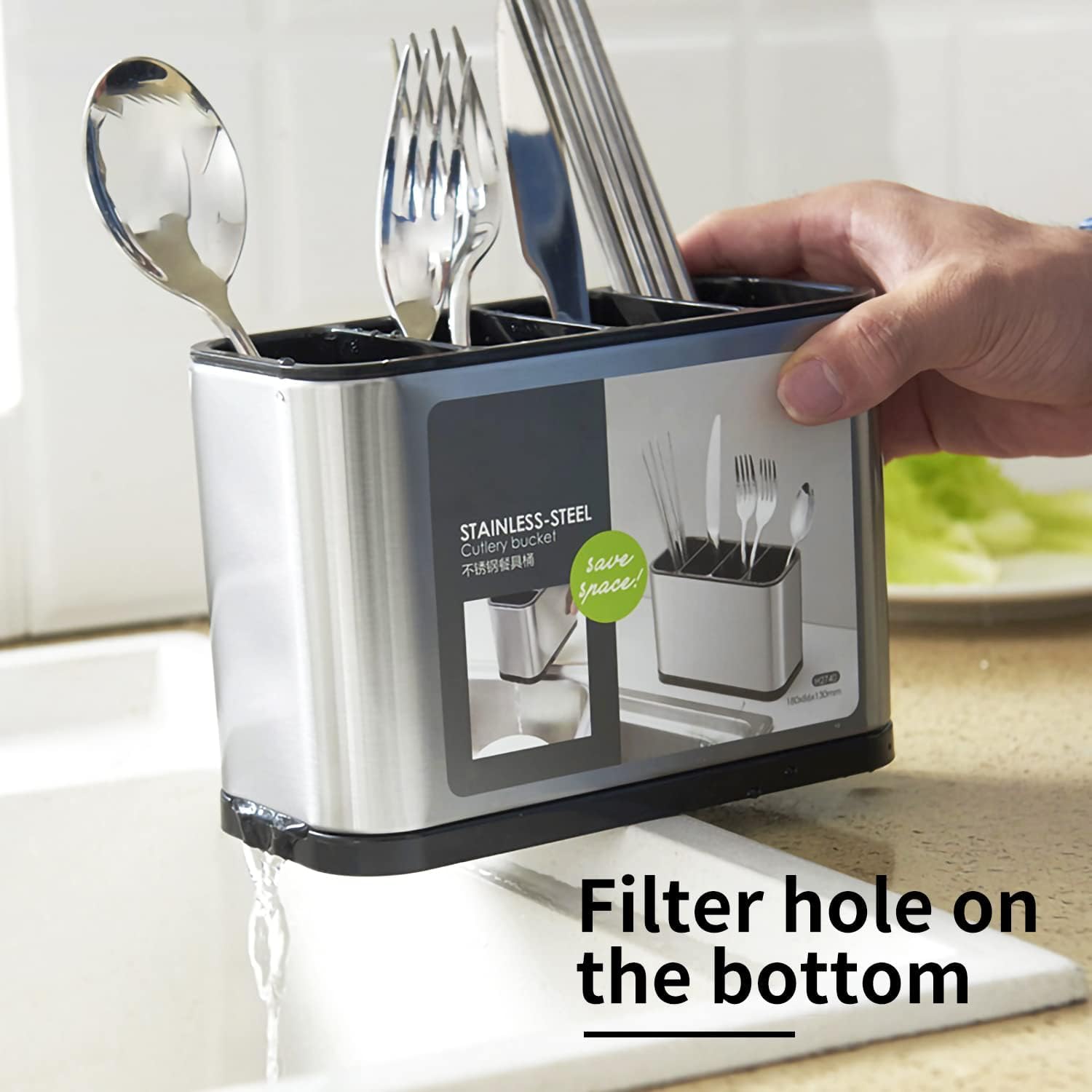Stainless Steel Kitchen Sink Cutlery Holder & Flatware Organizer - Multifunctional Utensil Caddy with Sponge Storage & Chopstick Cage | Perfect for Countertop Organization & Dishwashing Accessories Storage