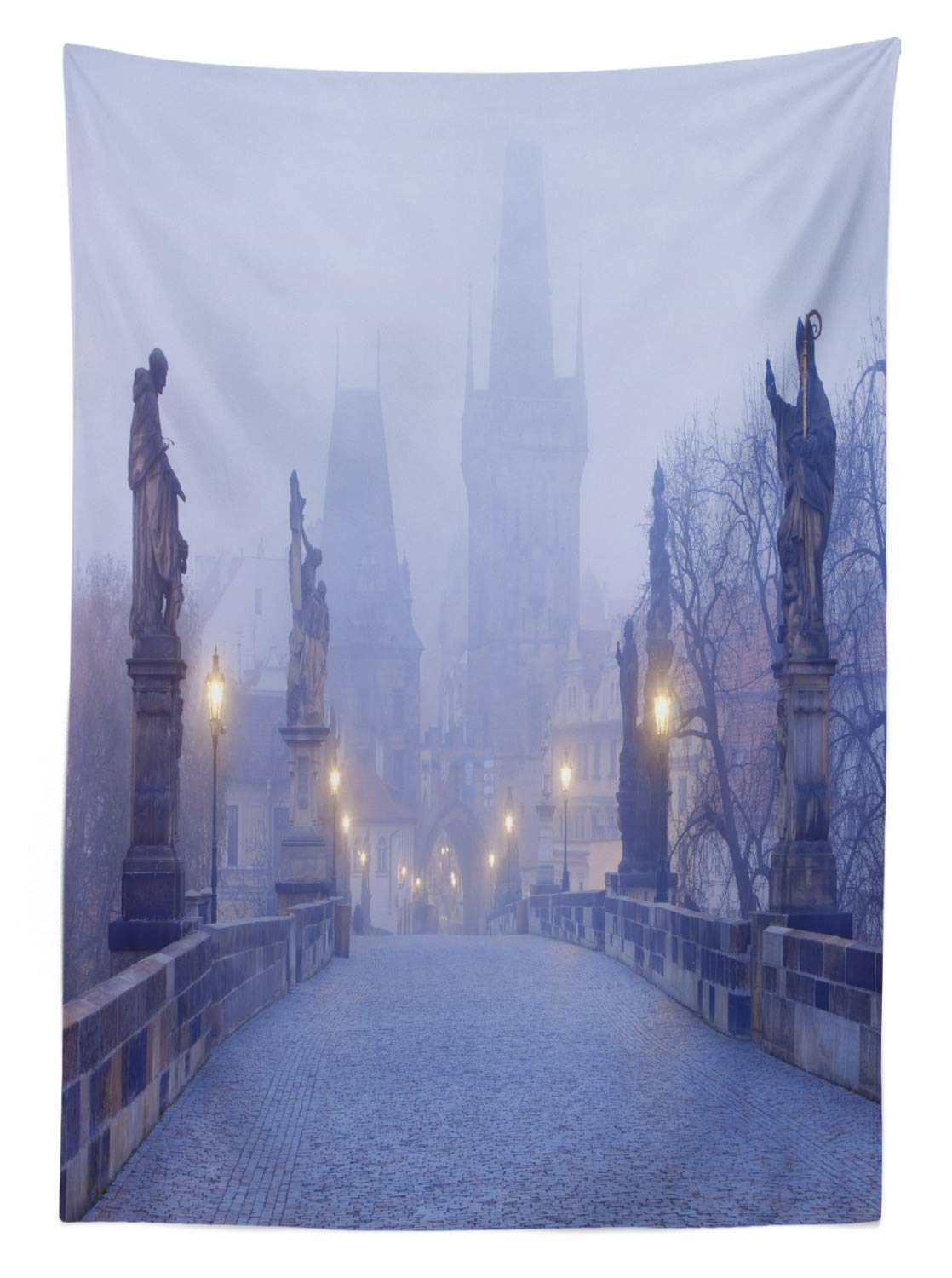 Ambesonne Urban Outdoor Tablecloth - Prague Streets Photography Print, Washable Picnic Table Cover 58x120 Inches, Mustard & Lavender Blue - Perfect for Outdoor Dining, Picnics, BBQs and Home Decor