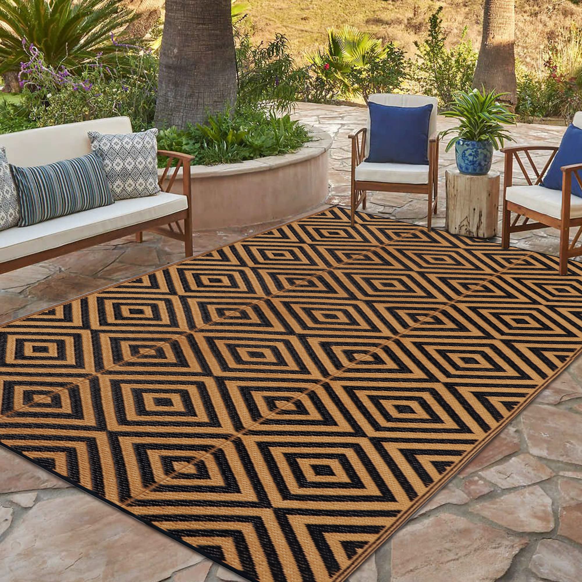 Ridota Reversible Outdoor Patio Rug - Plastic Straw Floor Mat for RV, Deck, Backyard, Picnic, Beach & Camping - Diamond Black & Brown (9' x 18') - Waterproof & Durable for All-Weather Use