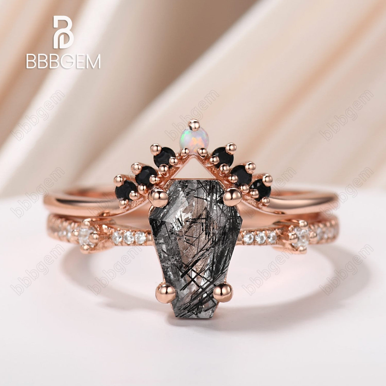 Three Stone Black Tourmaline Coffin Ring Set - Coffin Cut Black Rutilated Quartz Wedding Band - Statement Jewelry for Women - Perfect for Engagement, Anniversary & Special Occasions