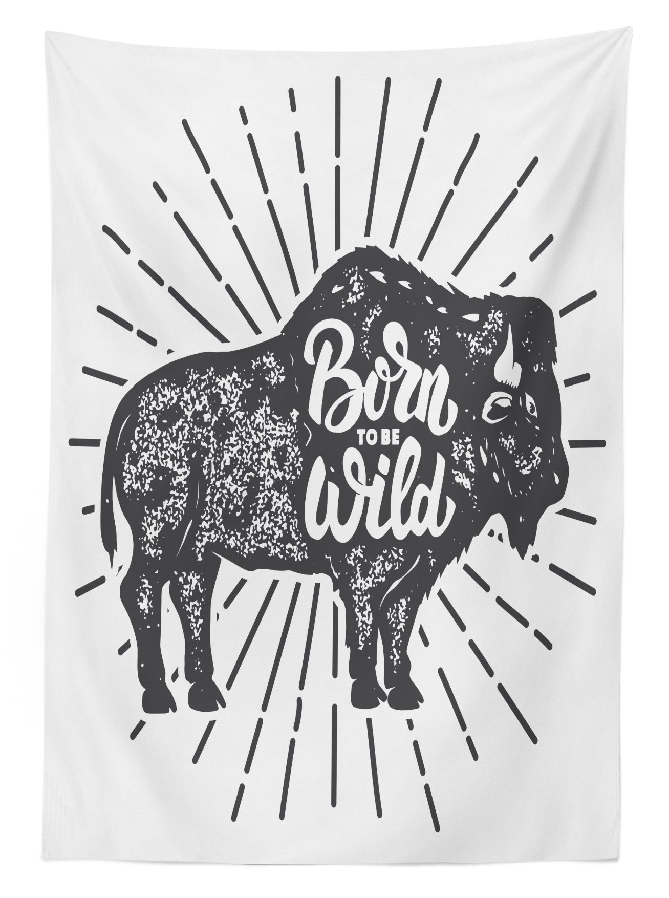 Wild and Free Outdoor Tablecloth - Bison with Grunge Effect 'Born to Be Wild' Native American Design, Washable Picnic Table Cover 58x120 Inches, Charcoal Grey & White - Perfect for Camping, BBQs, and Outdoor Dining