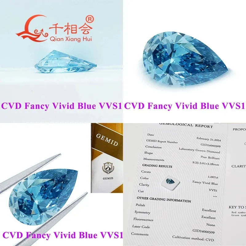 1.8ct Lab Grown CVD Diamond - Fancy Vivid Aqua Blue, VS-VVS Clarity, Pear Shape, GEMID Certified Loose Stone for Engagement Rings & Fine Jewelry